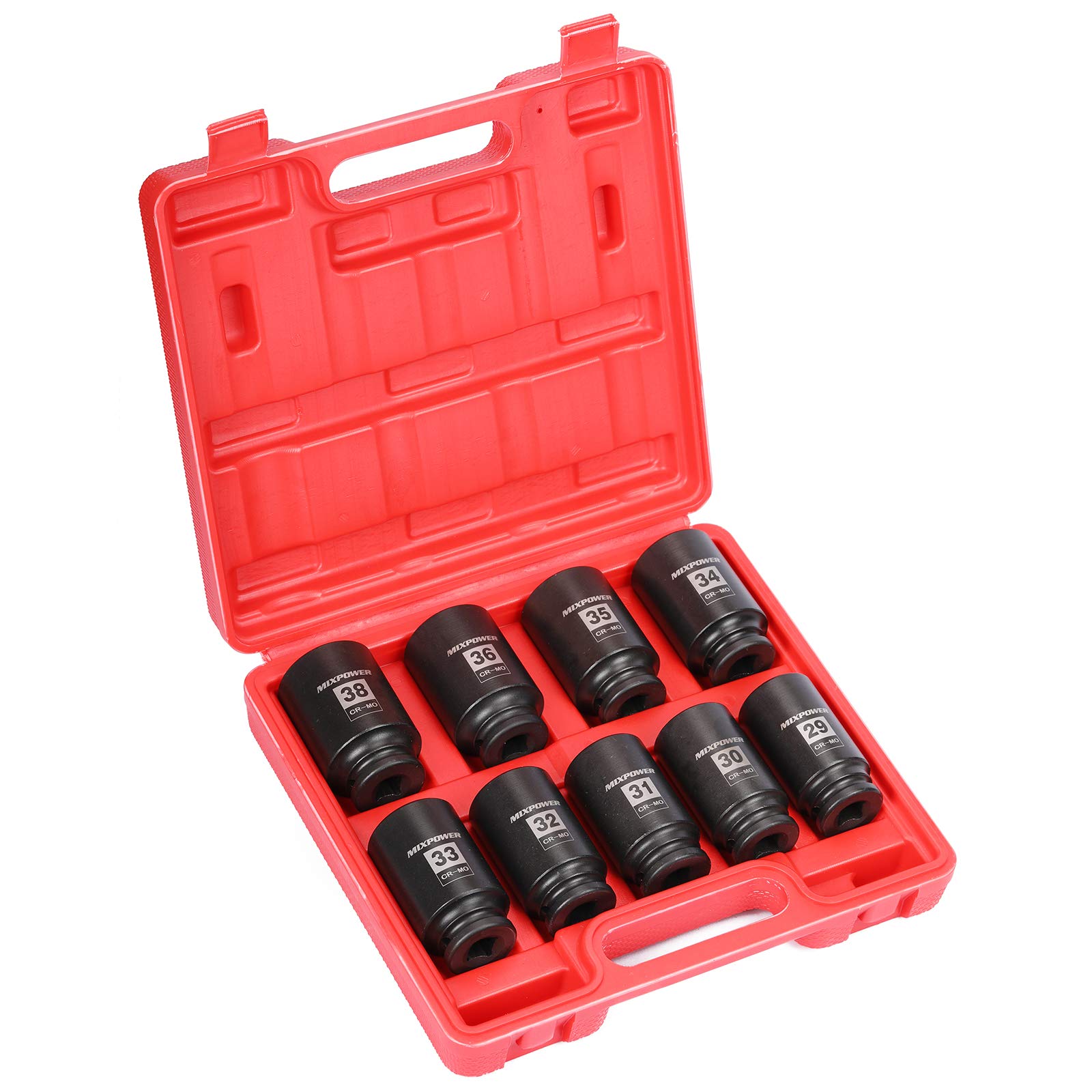 MIXPOWER Set di bussole a impatto profondo da 1/2", 6 punti, CR-MO, metriche, 29 mm-38 mm, 9 pezzi 1/2" Dr. Deep Spindle Axle Nut Impact Socket Set