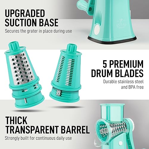 Miniatura 7 de Zulay - Rallador rotativo de queso de 5 cuchillas, rallador manual de queso de manivela con succión reforzada y 5 tambores intercambiables, picador