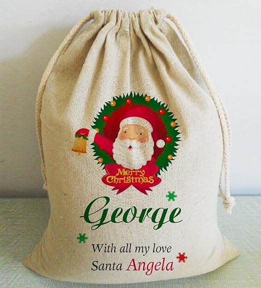 Amazon Co Jp メリークリスマス サンタプリント 名前入りサンタ袋 名前入り クリスマスバッグ 大型 ドローストリングギフト 文房具 オフィス用品