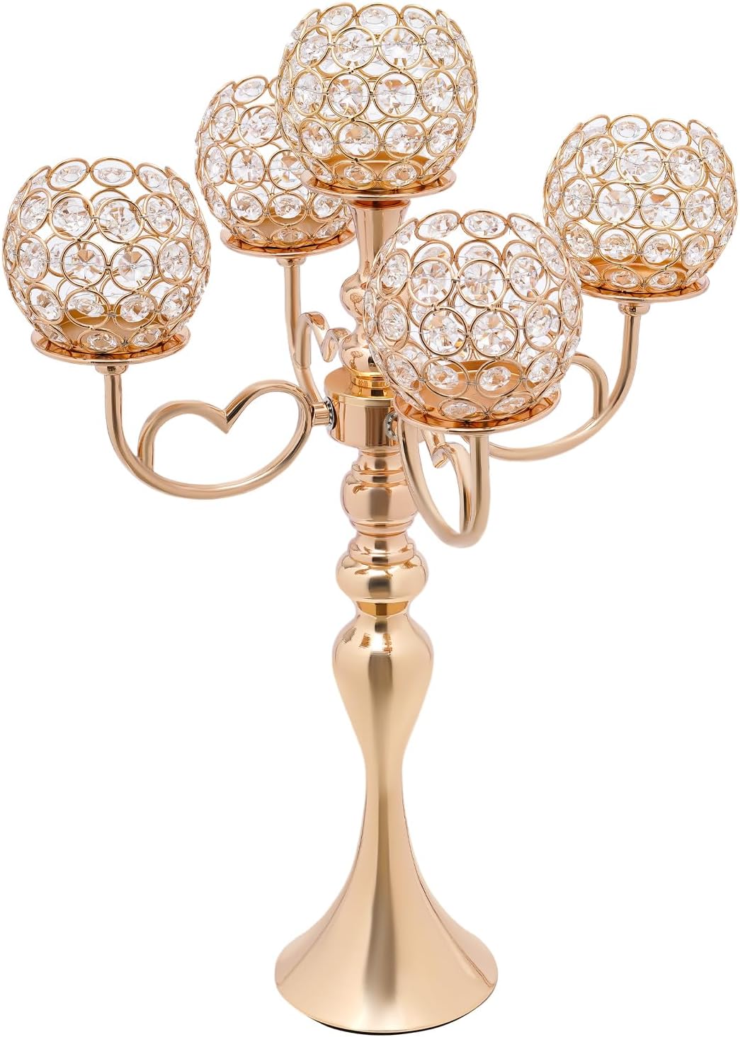 2 Pack 5 Arms Gold Candelabra Centerpiece, 21.5 Inch Tall Floor Crystal Candelabra Chandelier Candle Holder with Crystal Candle Holder Bowl Table Centerpieces Wedding Party