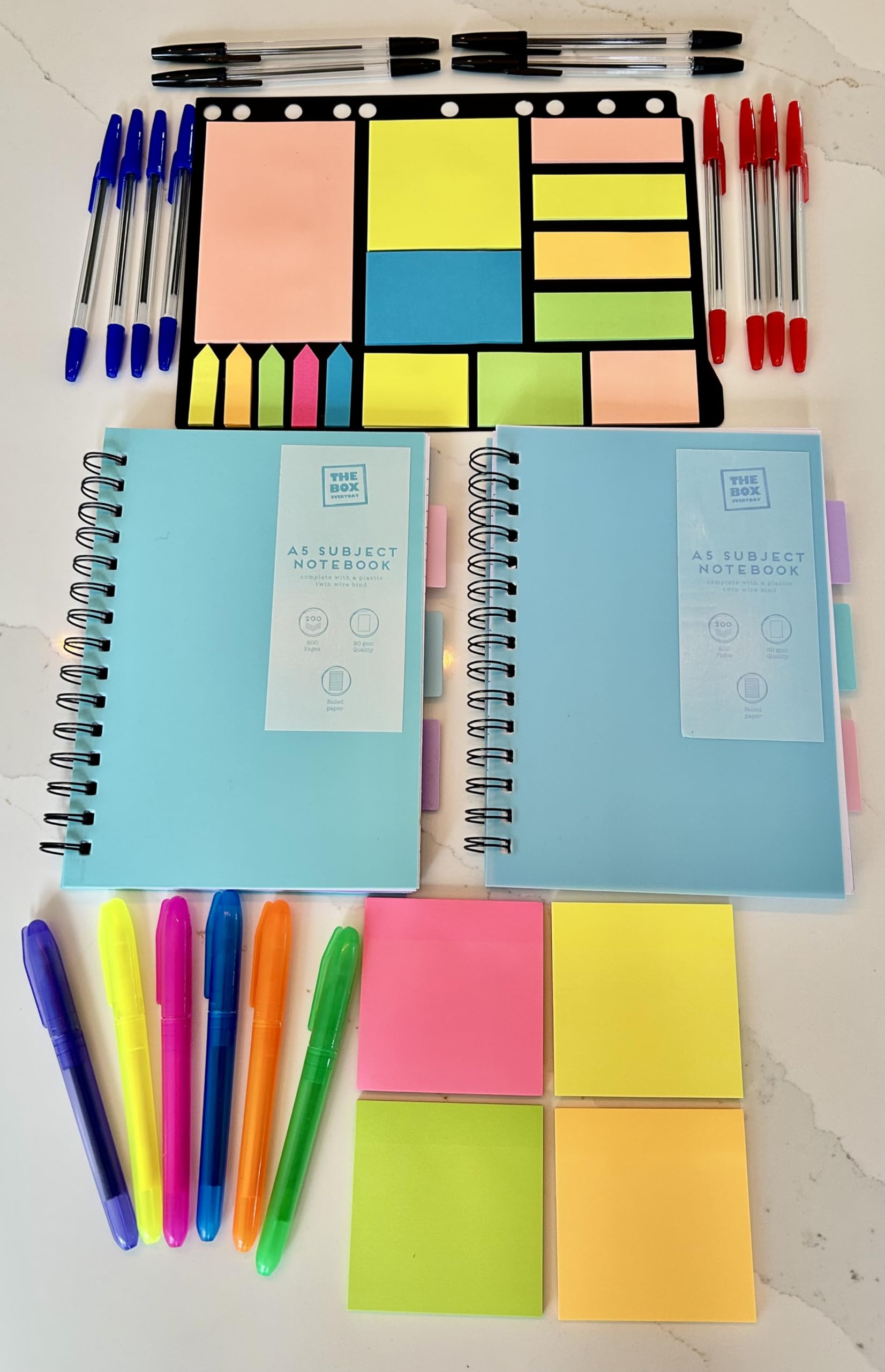 Stationery Set for School & University: A5 Notebooks, Pens, Highlighters & Sticky Notes - Student Exam Revision Essentials Bundle for GCSE & A-Level.