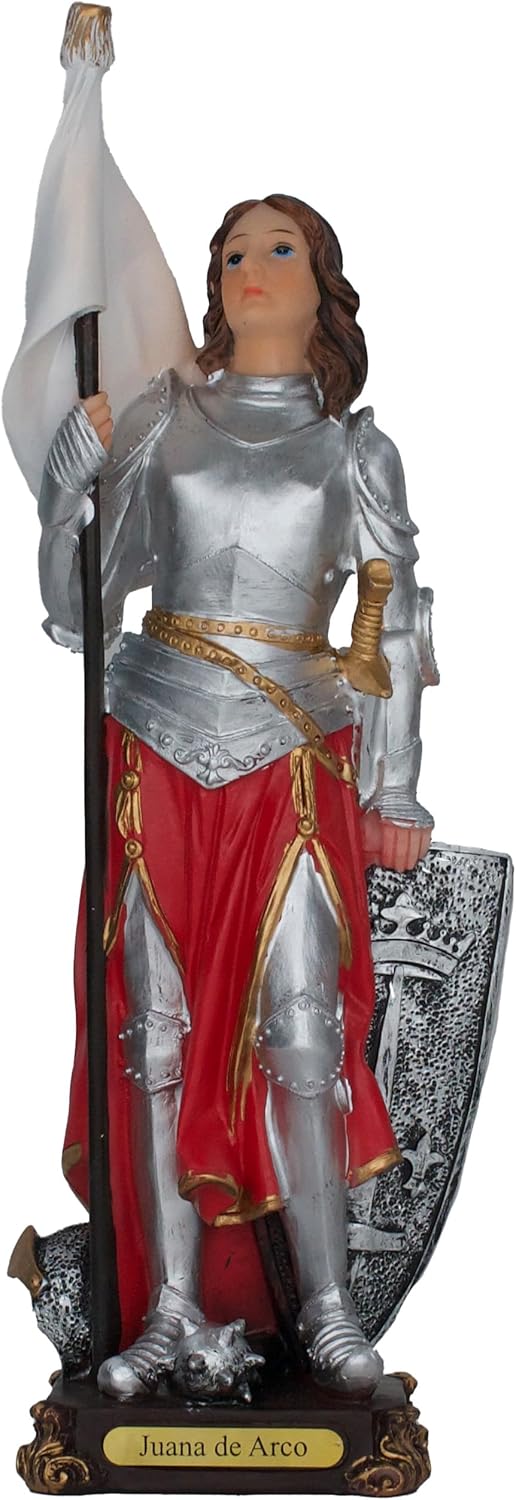 Cannan Juana De Arco 12" Doncella de Orleans Saint Joan of Arc Religious Statue, Decorative Figurine with Armor, Shield and Flag, Hand-Painted,Resin