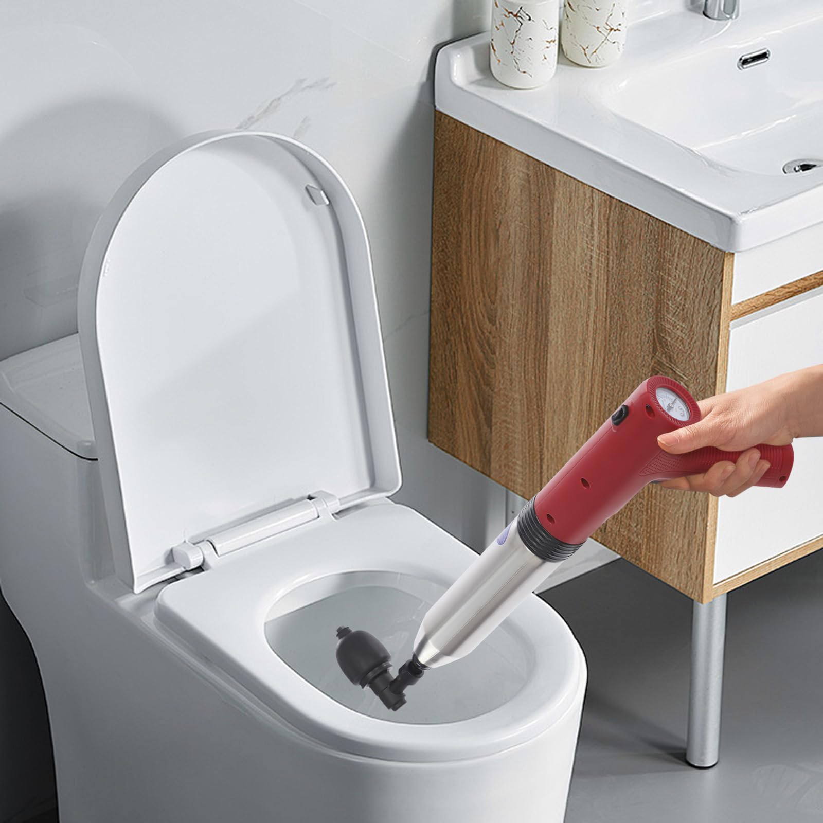 Pulitore elettrico per tubi ad aria compressa, 5 bar, 3 testine, 1500 mAh (rosso) | Manometro in tempo reale, tempo di ricarica 4-5 ore, 30 applicazioni per carica, privo di sostanze chimiche ed ecologico