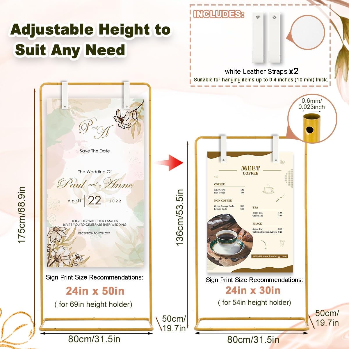 Soporte ajustable para letreros de boda, soporte ajustable para letreros de boda con 2 correas de cuero para colgar, soporte de tabla de asientos de boda para fiesta, baby shower, ceremonia