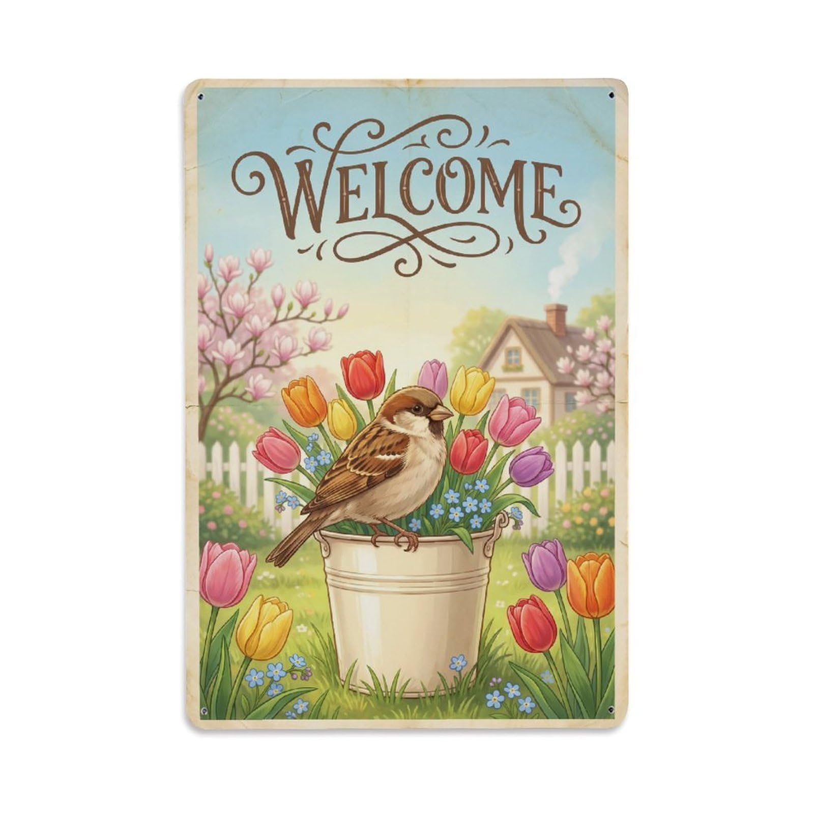 Cxhjca 8X12inch(20X30cm) Vintage Welcome Sparrow Peaceful Place Metal Tin Sign