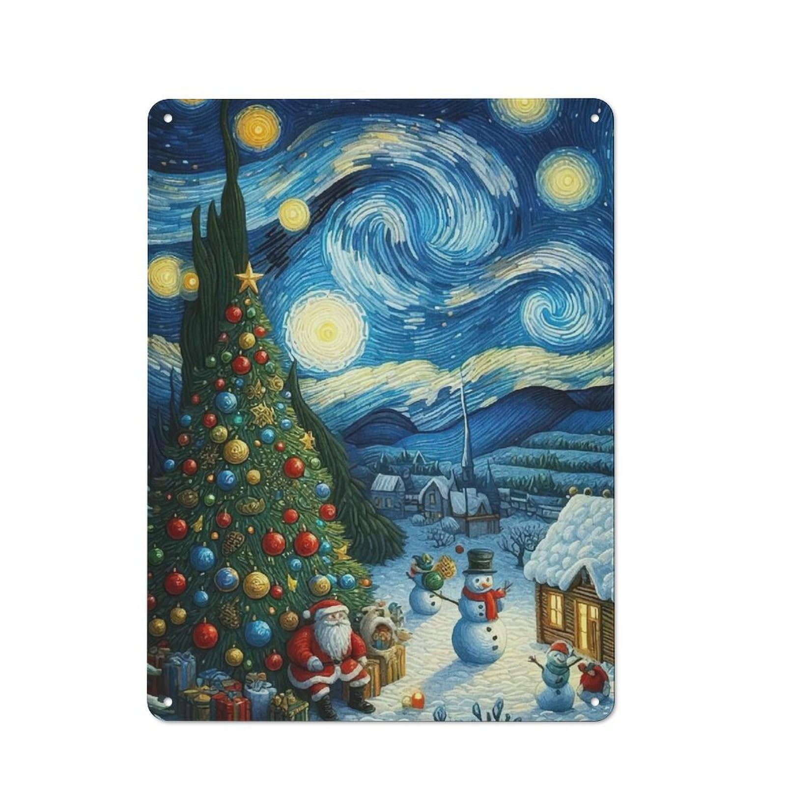 Tin Sign with Starry Christmas Night Design 40x30cm, Weathered Look Industrial Wall Art for Workshop, Basement, Shed Or Games Room
