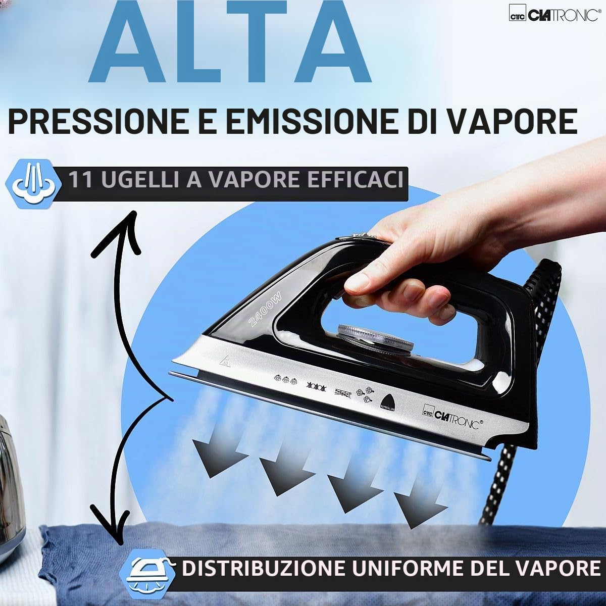 Stazione da stiro a vapore Clatronic con ferro da stiro a vapore | 3,5 bar | ferro da stiro a vapore con piastra Superglide e serbatoio dell'acqua da 1,2 l | 2400 W | con sistema antigoccia|DBS 3749