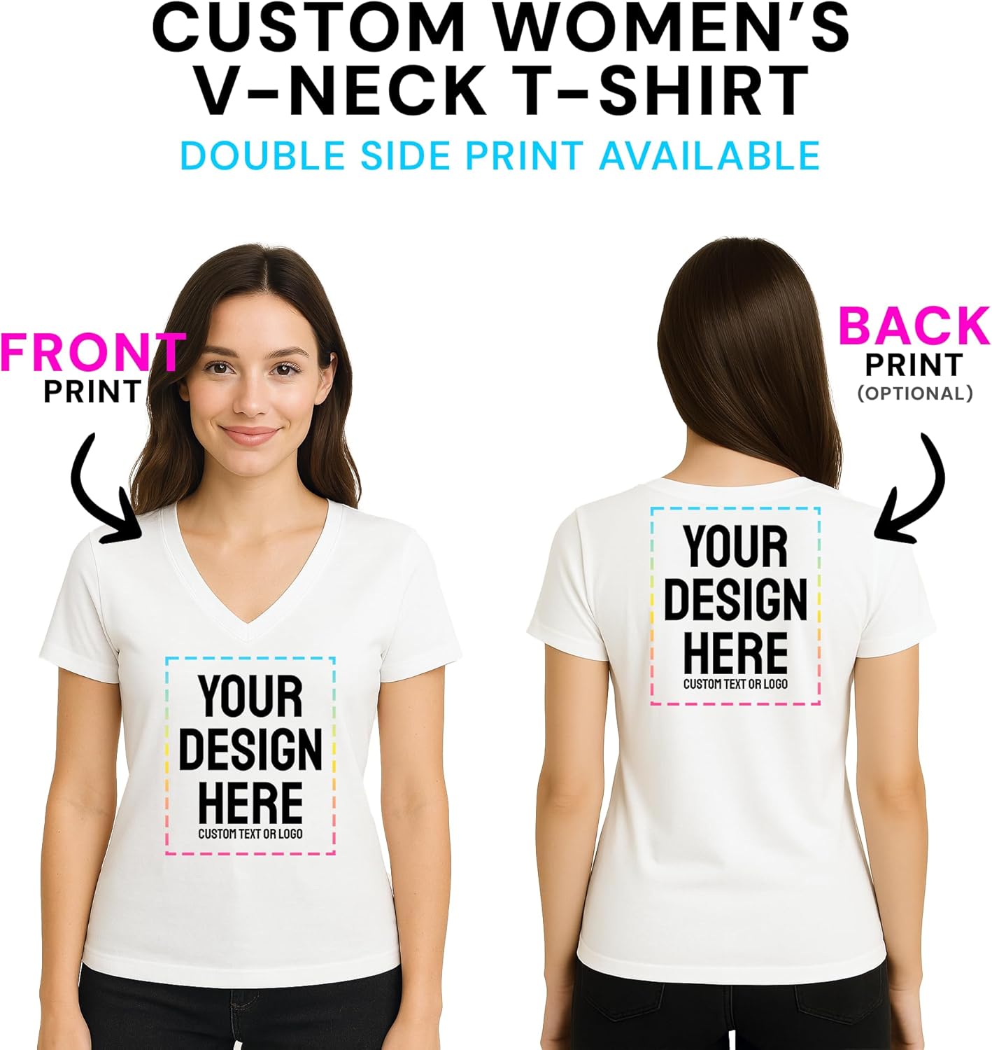 Personalized Women's V-Neck T-Shirt – Custom Image & Text, Design Your Own Front & Back Print, Customizable Tee Gift - Image 3