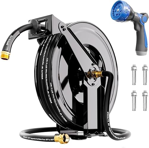 Retractable Garden Hose Reel with 5/8" 50ft Hot/Cold Pipe, Black