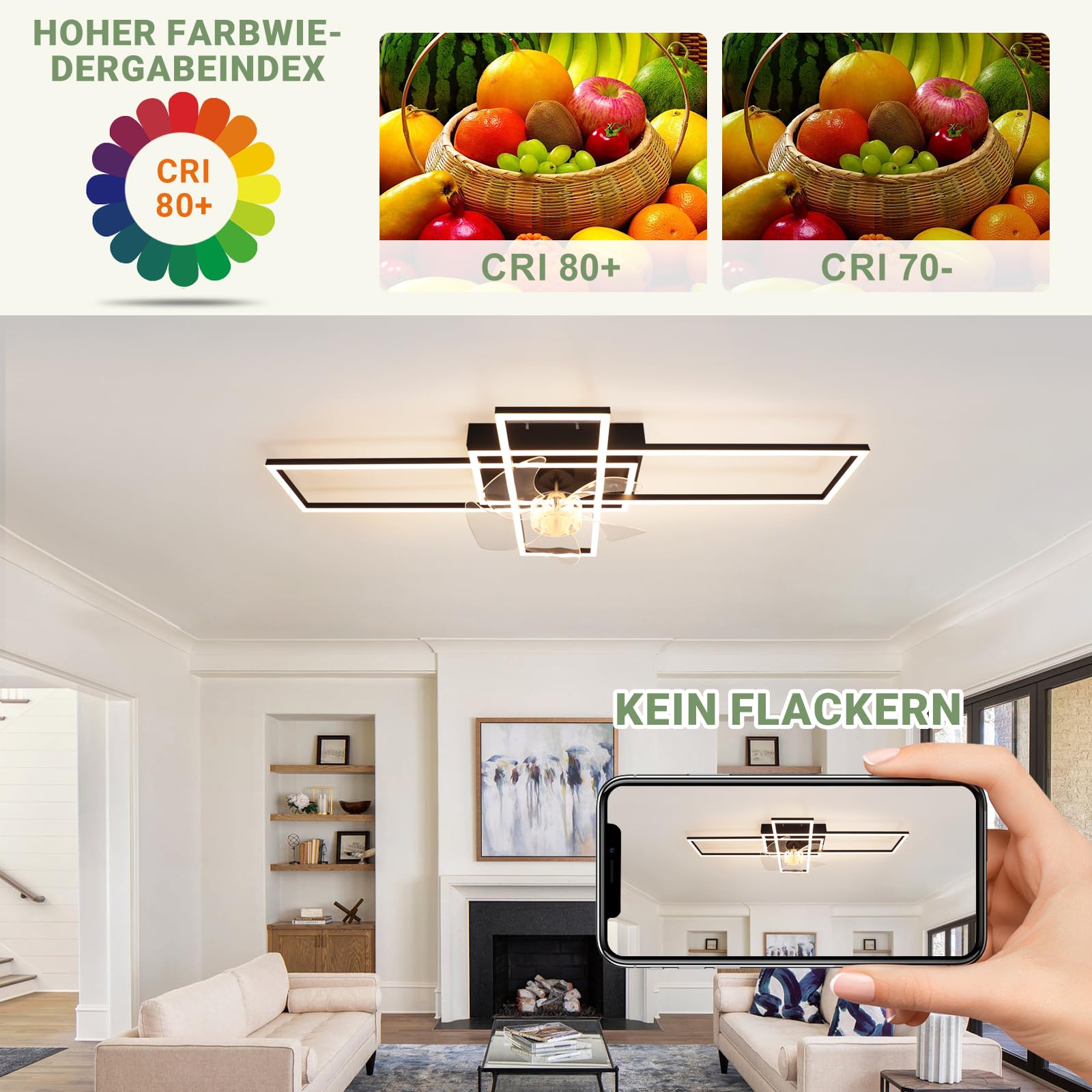 Deckenventilator mit Beleuchtung Deckenleuchte LED Deckenlampe | Schwarz 41W Dimmbar Ventilator Leise mit Light 6 Geschwindigkeiten Wohnzimmerlampe Groß Rechteckig für Schlafzimmer Küche