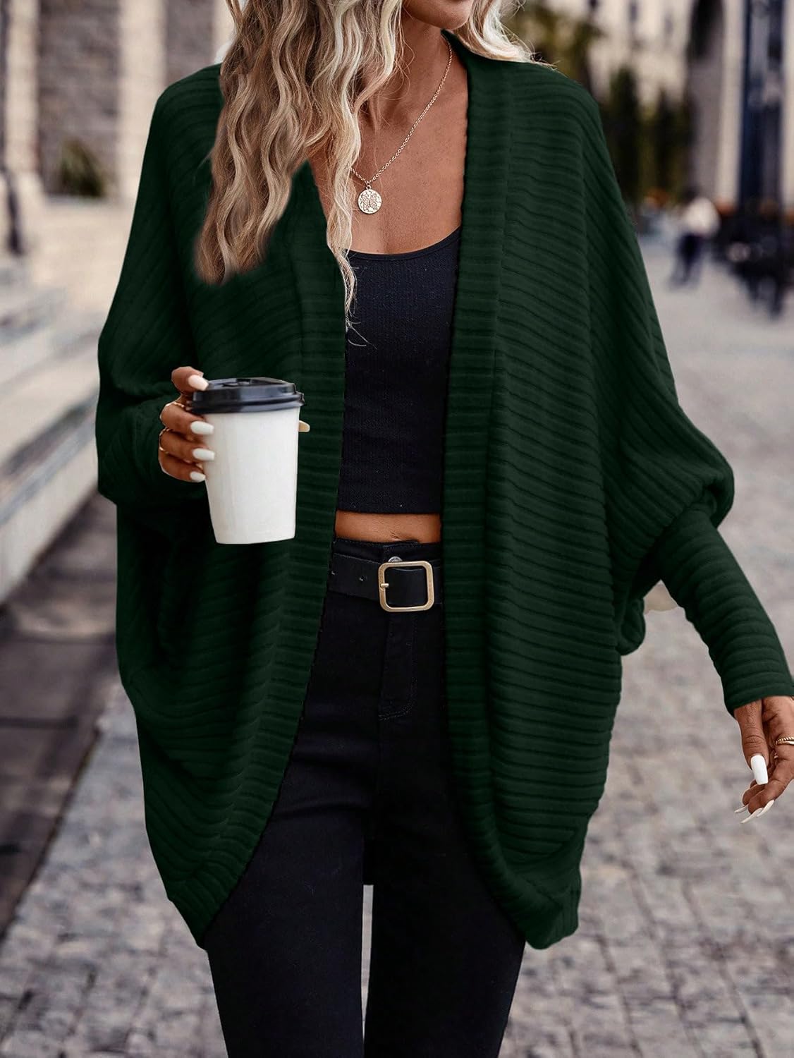 Womens Oversized Slouchy Cardigan Sweaters Warm Cozy Waffle Knit Open Front Boho Batwing Trendy Cardigan for Women 2025 Fall - Image 7
