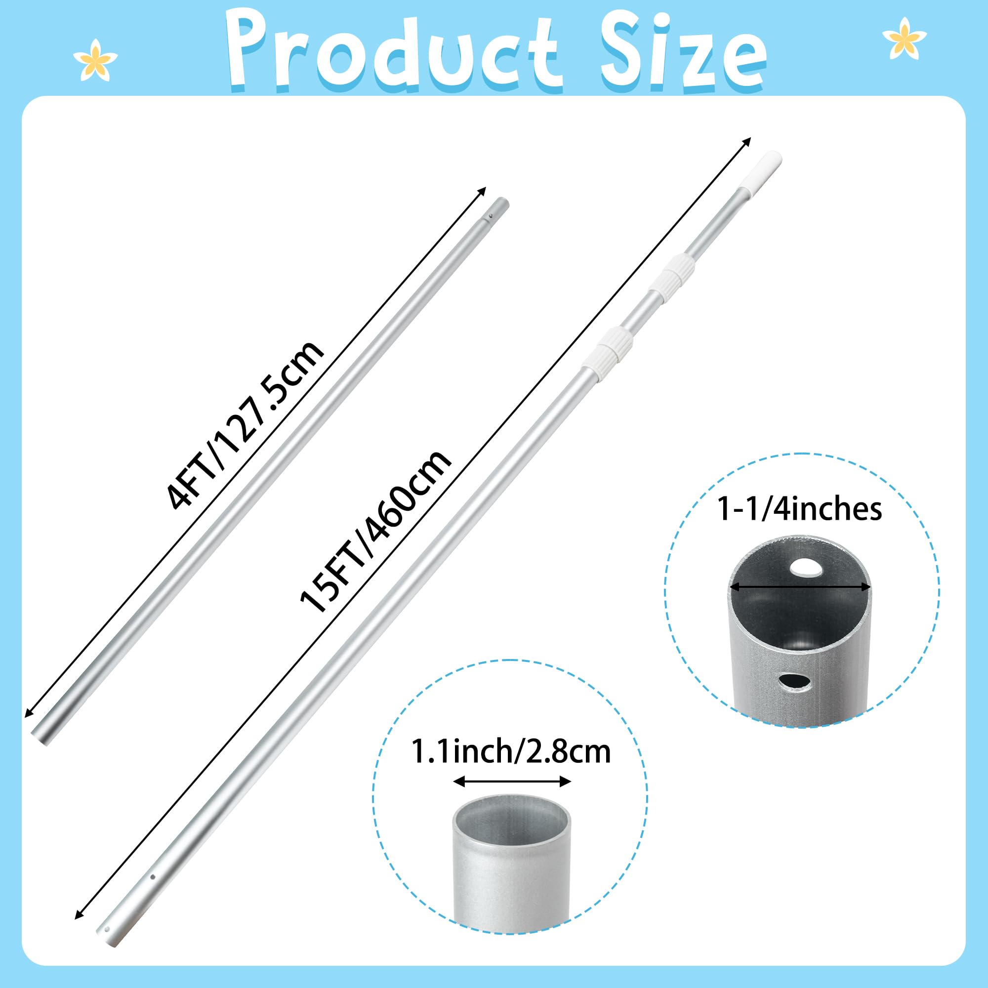 Poste telescópico de piscina, poste telescópico de limpieza de piscina de 4.18 a 15.09 pies (127.5-460 cm), poste ajustable de aluminio profesional de 3 secciones para estanques, fuentes