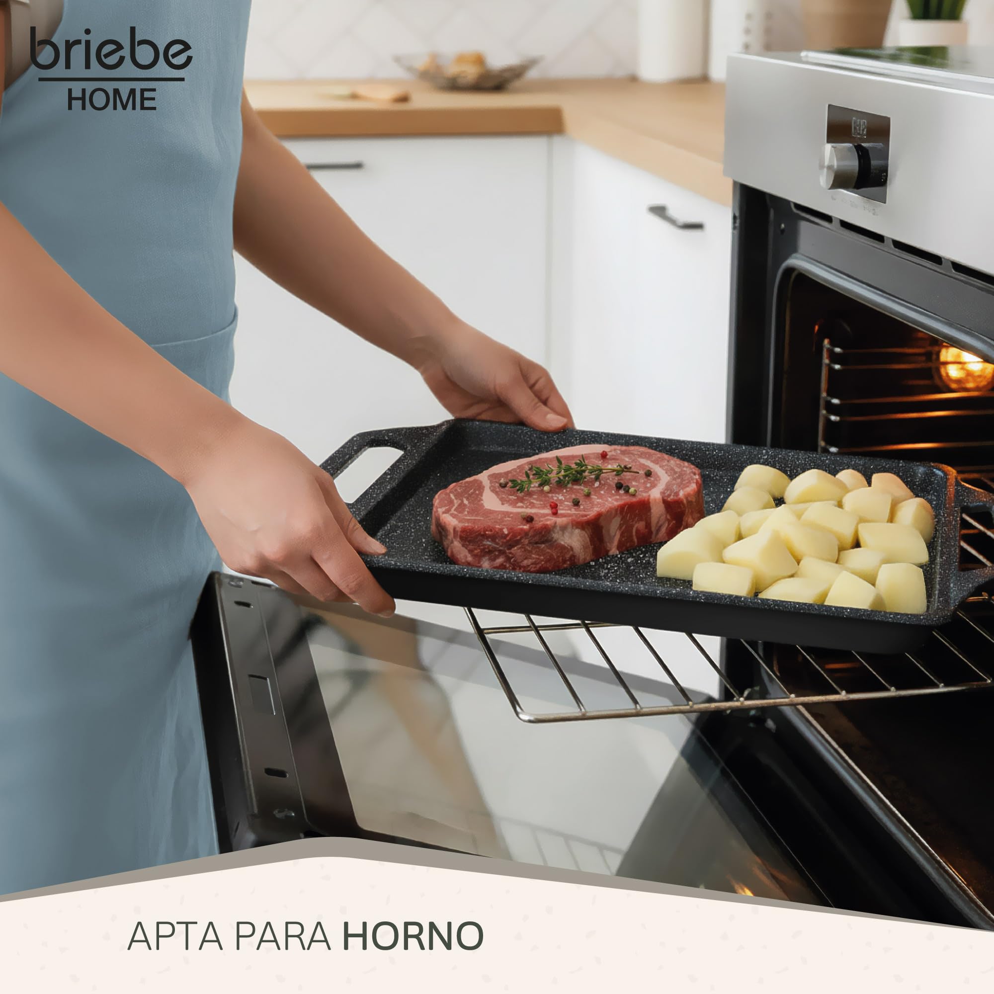 briebe Black Titanium Plancha Cocina Inducción Asar, Antiadherente Titanio, Aluminio Fundido, Bandeja Asadora 43x25cm, Recubrimiento sin PFOA, Asas Silicona, Vitrocerámica, Gas, Horno