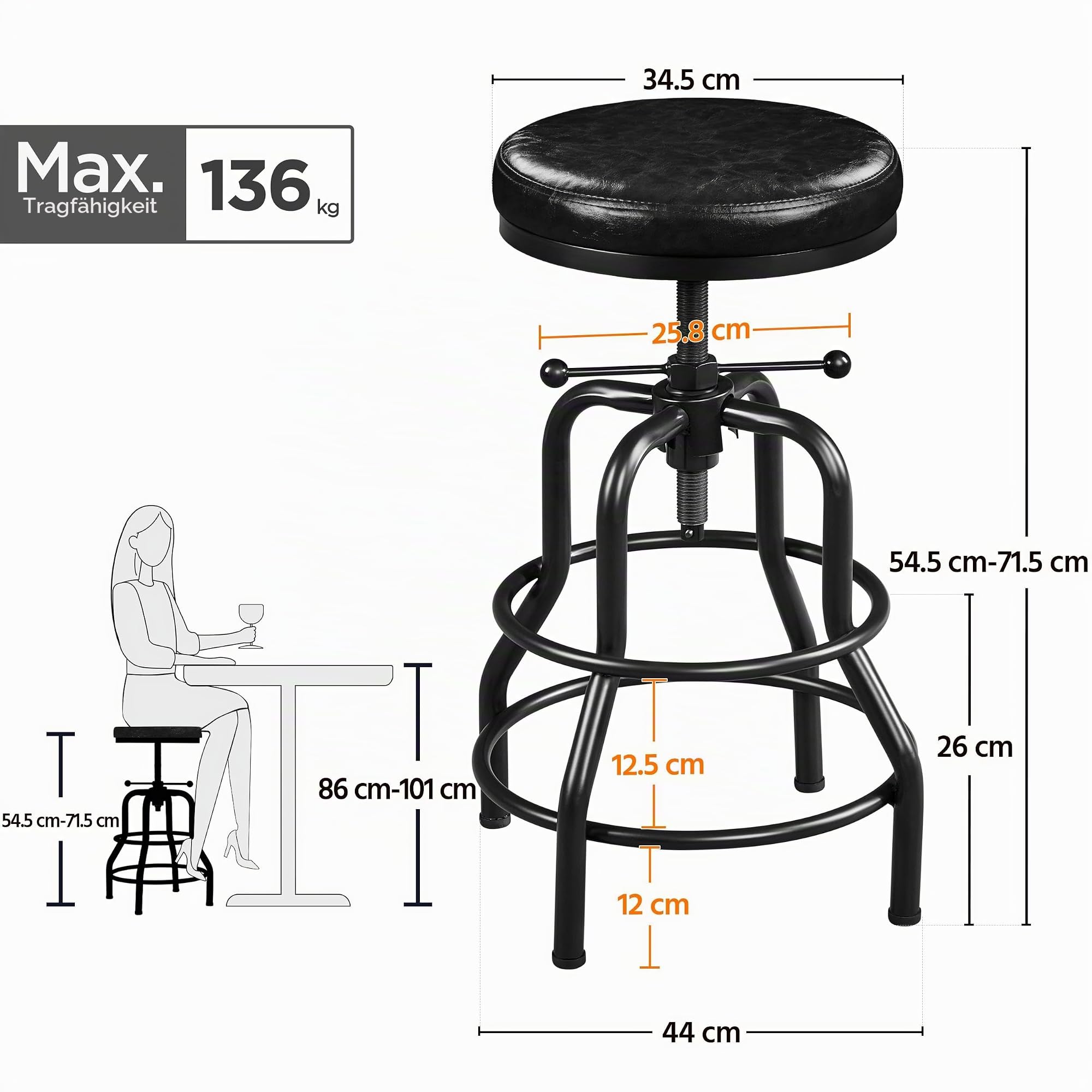 Yaheetech Barhocker Höhenverstellbarer Barstuhl mit Dickem Kissen Schwarz | Schraubhocker 54,5 cm – 71,5 cm, Tresenhocker bis 136 kg Belastbar, fürs Esszimmer/Küche/Bar/Salon/ Café