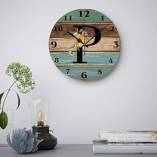 Miniatura 3 de Reloj de pared con inicial de girasol negro letra P de granja, 12 pulgadas, silencioso, sin tictac, iniciales personalizadas, reloj de PVC,