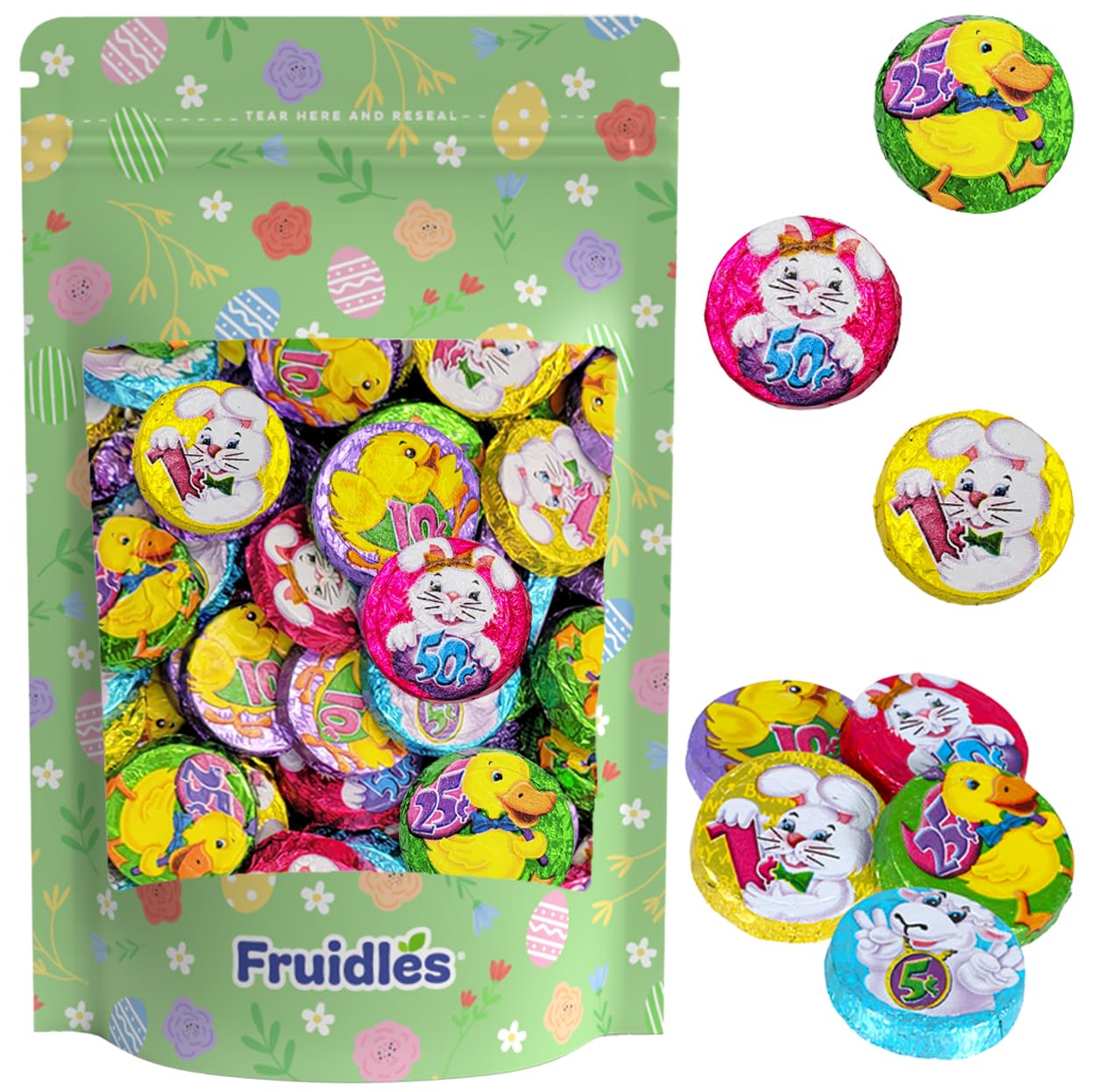 Fruidles Easter Double Crisp Bunny Munny Milk Chocolate, Happy Easter Day Coins, Party Bag Fillers, Individually Wrapped Foils, Kosher Certified Dairy (Half-Pound)