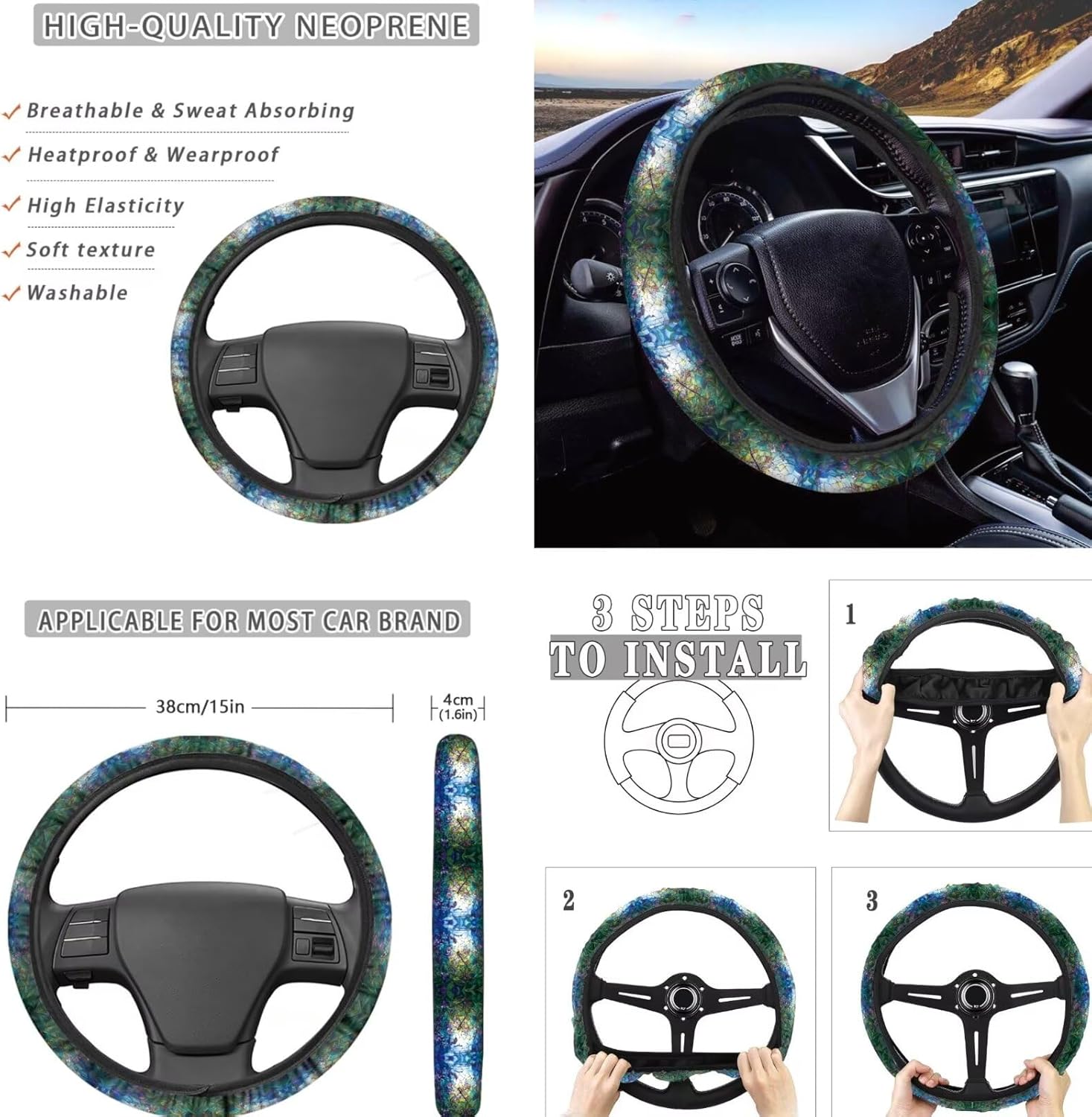 Dragonfly Floral Printed 15 Pcs Car Seat Cover Full Set, Protective Car Accessories Set Front Rear Seat Covers Steering Wheel Cover Car Headrest Cover Seat Belt Covers