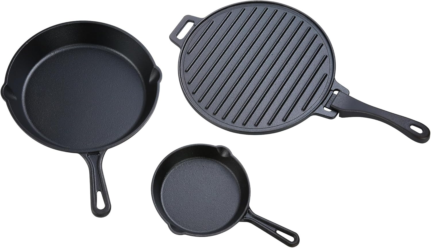 3-Piece Pre-Seasoned Cast Iron Skillet and Griddle Set – Includes 6.6", 10.5", 11" Skillets with Removable Handle Griddle for searing, frying, and grilling over a campfire, grill, or stovetop.