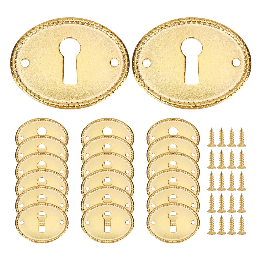 PH PandaHall 20pcs Keyhole Cover Plate Oval Keyhole Escutcheon Plate Decorative Eyelet Cover Vintage Door Covers Golden Lock Rosettes with 40pcs Screws for Cabinet Drawer Desk Furniture Hardware