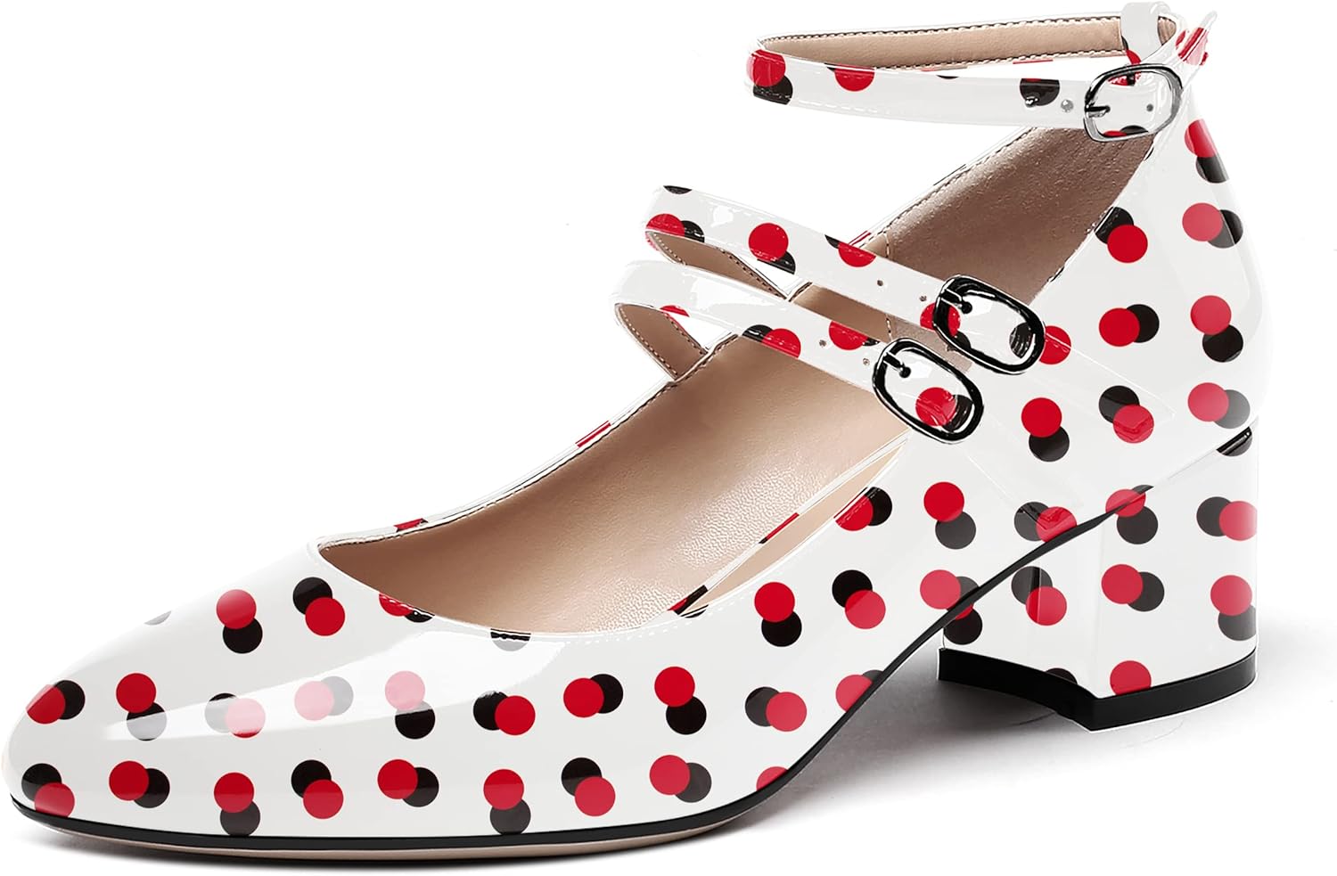 WAYDERNS Women's Block Ankle Strap Mary Jane Round Toe Patent Buckle Chunky Low Heel Pumps Cute Dress Shoes 2 Inch