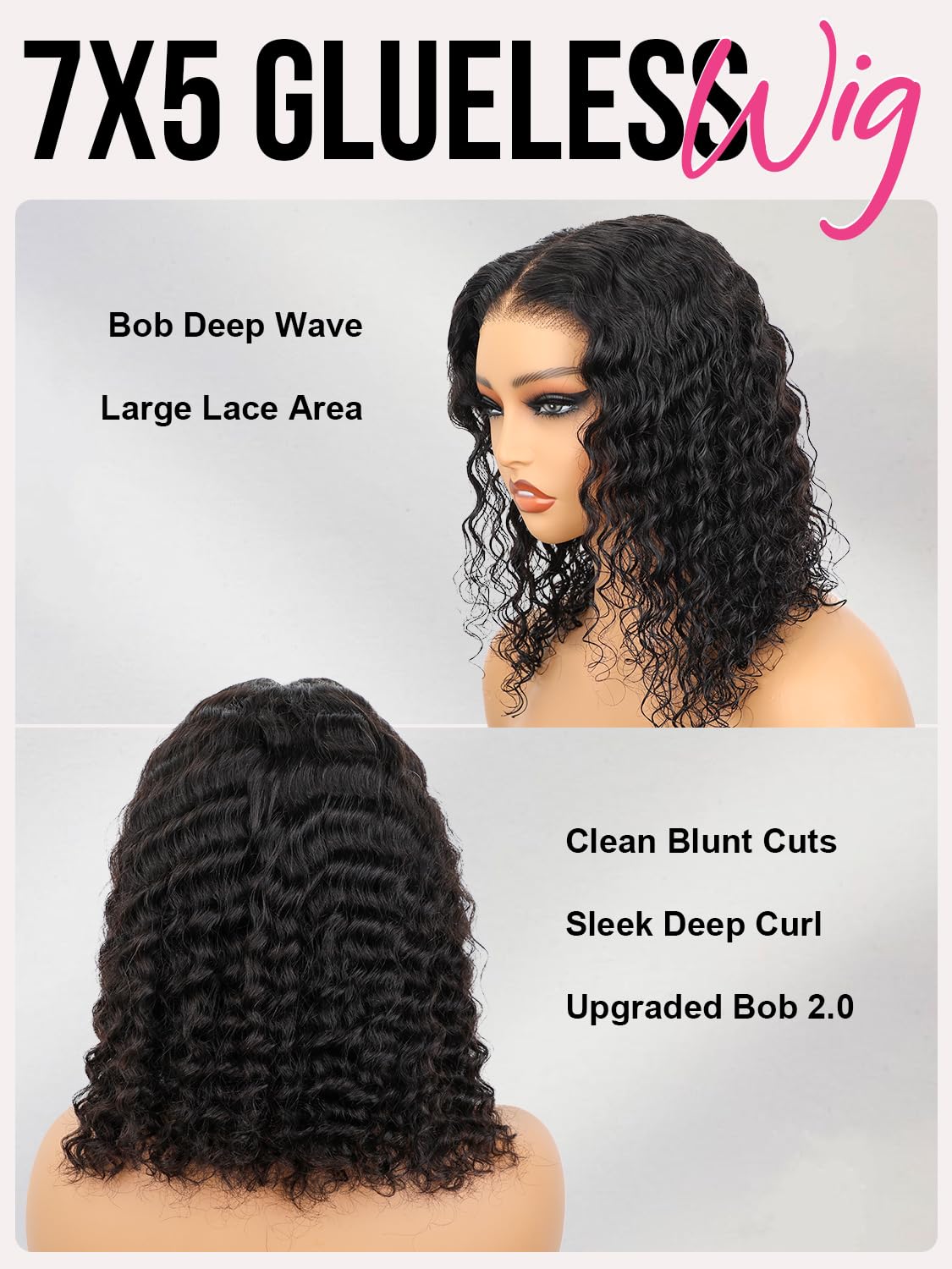 ORIGINAL QUEEN Wear and Go Glueless Wig Human Hair, Bob Deep Wave, OQ Hair Glueless Wig, Pre Plucked 7x5 Pre Cut Lace Front Wigs 180% Density Beginner Friendly 12Inch