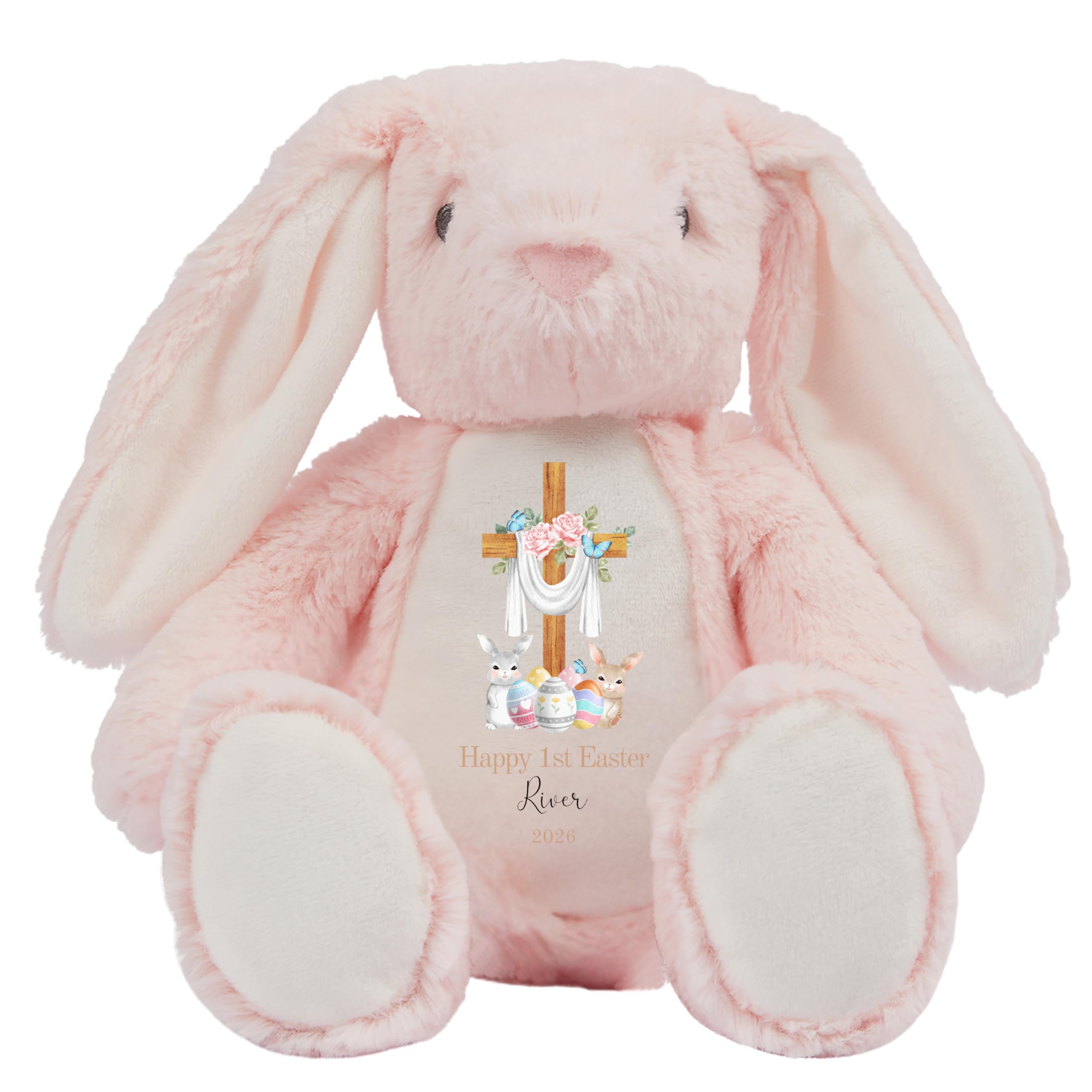 HotScamp Personalised Easter Bunny with Name - Happy 1st Easter 2026 Cross Egg Sunday Christian Jesus - Soft Toy for Baby, Toddler, Child, Kids, Babies Spring Time - Pin Bunny