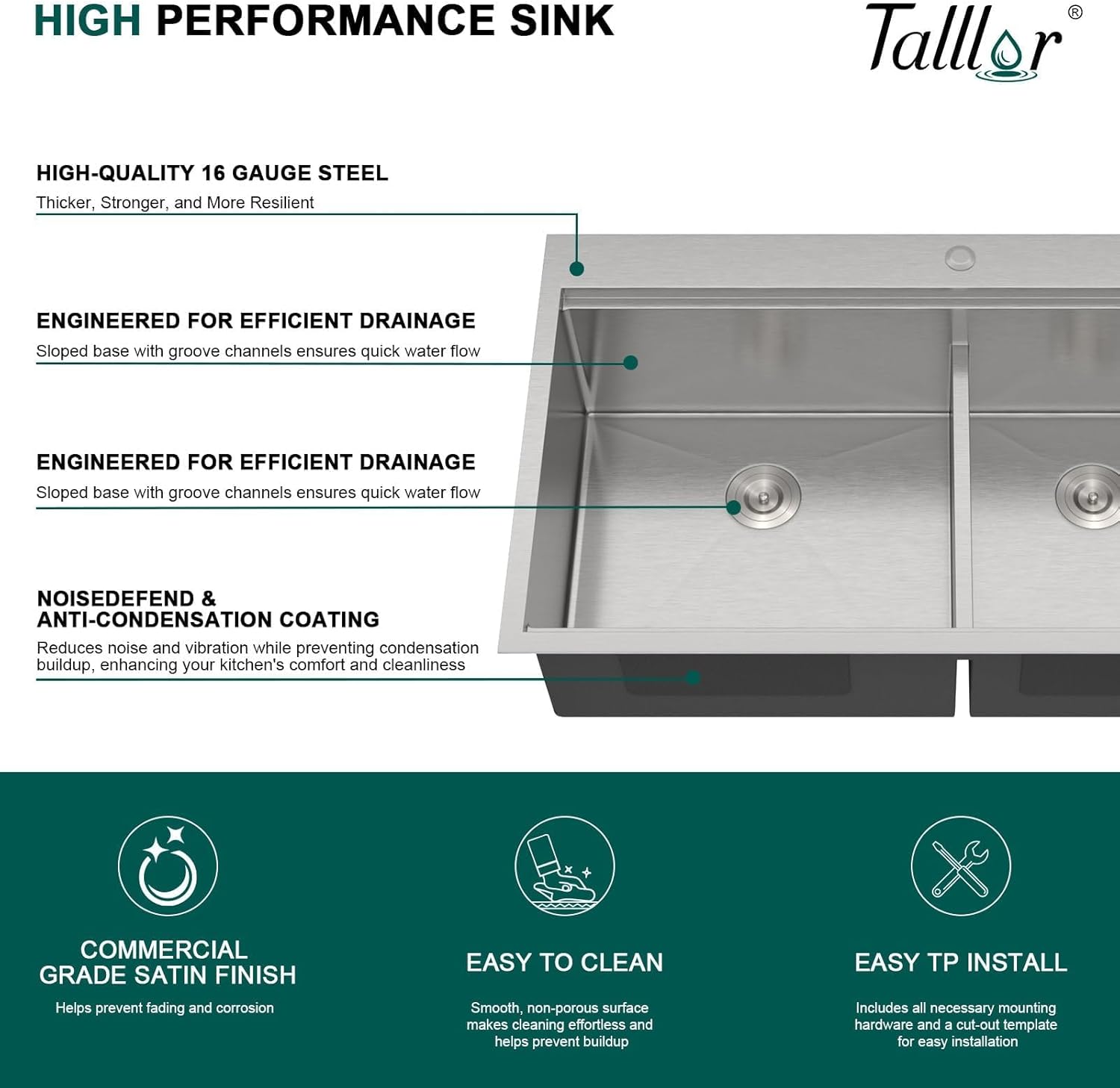 33 Inch Drop-In Double Bowl Kitchen Sink, 16 Gauge 304 Stainless Steel 60/40 Low Divide Workstation All-In One Large Sink with Accessories, Brushed Nickel #TLDB-502