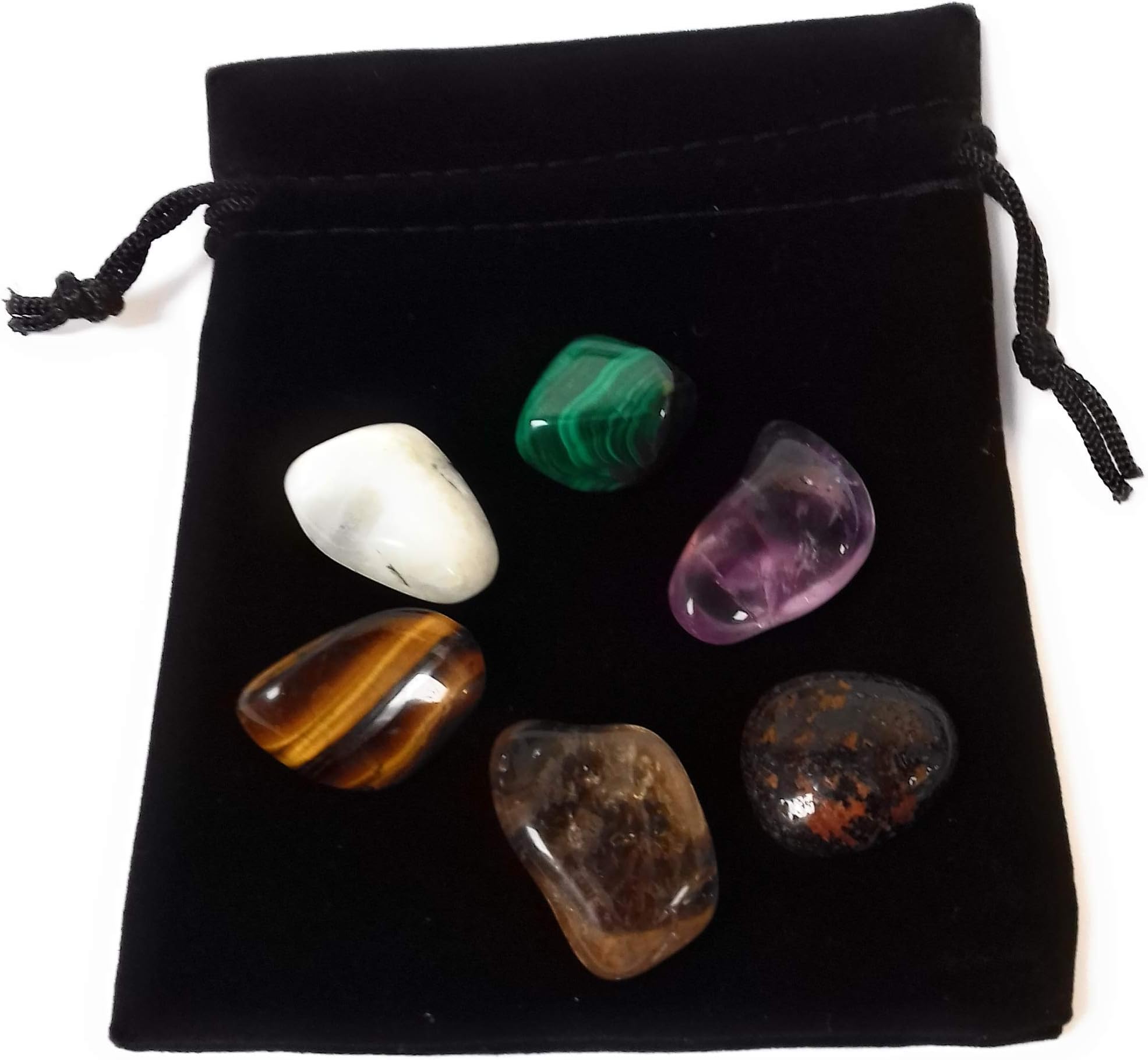 6 x Travellers Tumble Stones Crystals Pack - Malachite, Amethyst, Rainbow Moonstone, Smoky Quartz, Black Tourmaline, Tigers Eye - Travel Tumble Stone Pack