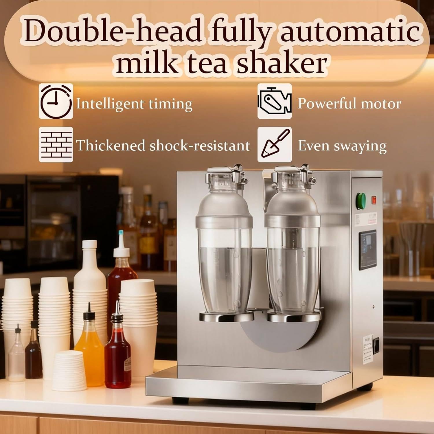 Doppelbecher-Milchshake-Maschine, 120-Watt-Milchtee-Shaker, Elektrischer Doppelrahmen-Milchtee-Shaker Mit Timer (0–120 Sek.), Inklusive 2 Bechern, Für Boba-Läden Und Kaffeestationen