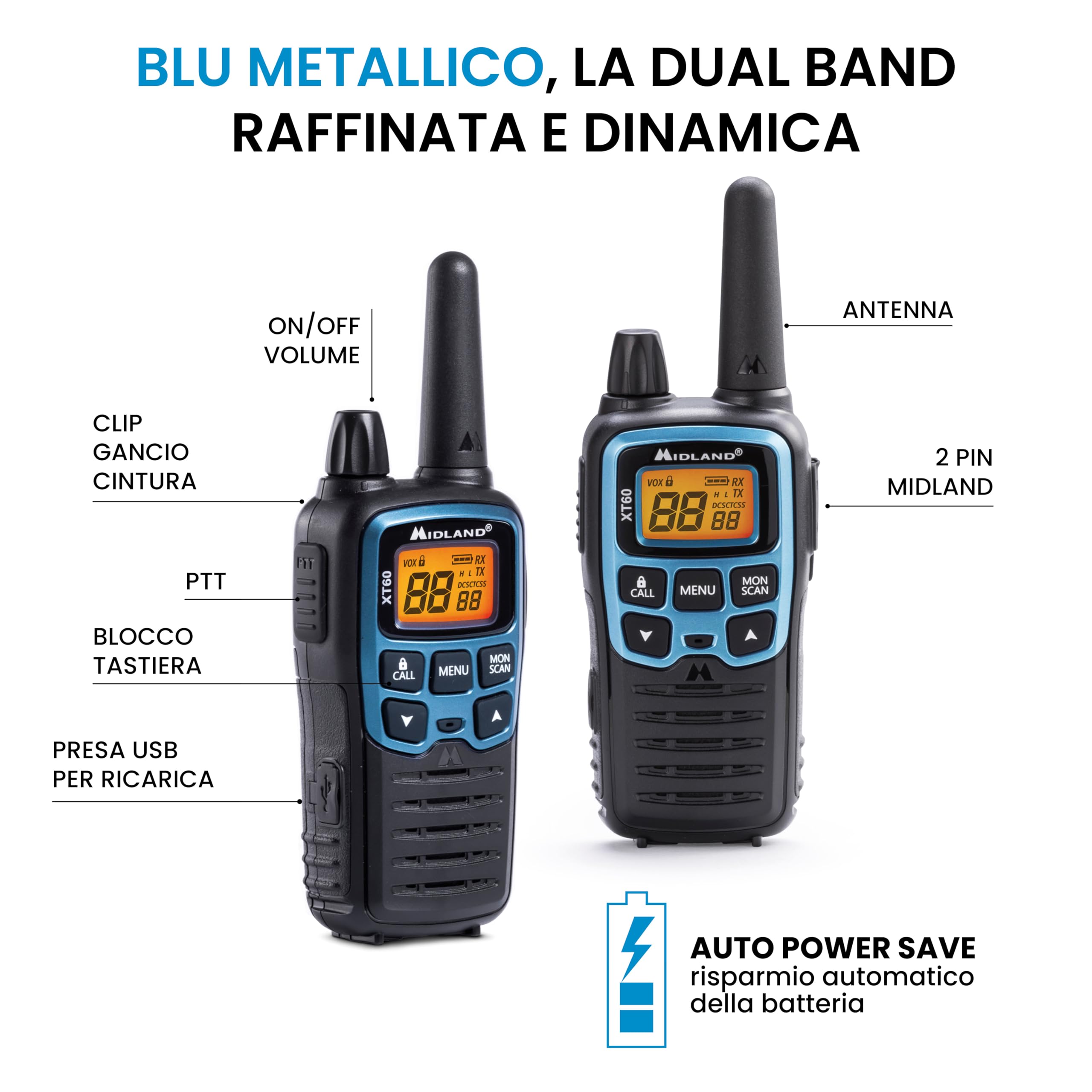 Midland - Walkie Talkie XT60, Ricetrasmittenti Professionali Dual Band, 93 Canali - 69 Canali LPD/24 PMR446 Senza Licenza, 38 CTCSS/83 DCS, Copertura 10Km, Ricarica Rapida, Autonomia 12H e Accessori