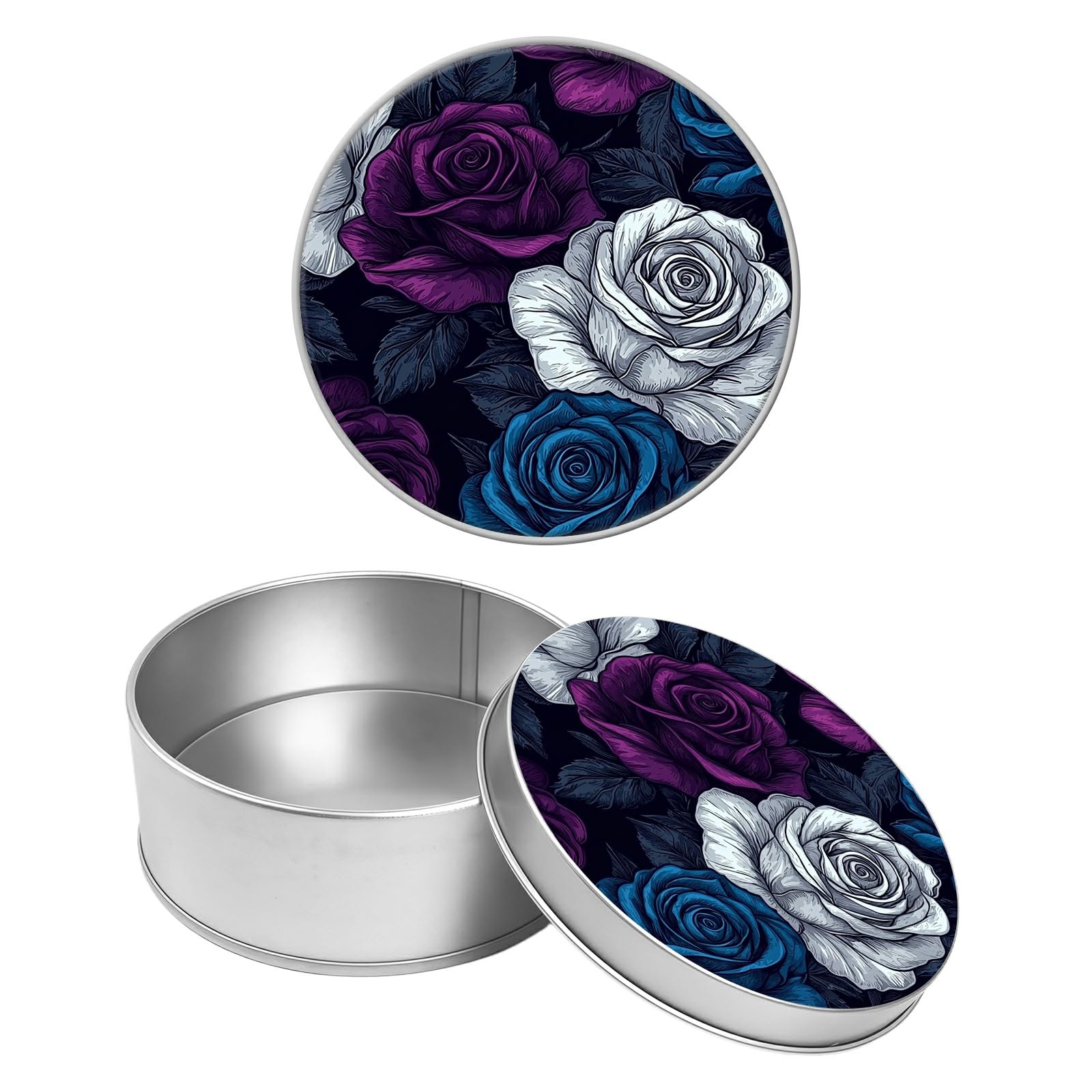 Round Metal Tin Container with Removable Lid, Hand-drawn Rose Durable Metal Storage Box for Crafts Snacks Candies Office Supplies Small Items 3.54 x 1.38 inch– Single Pack