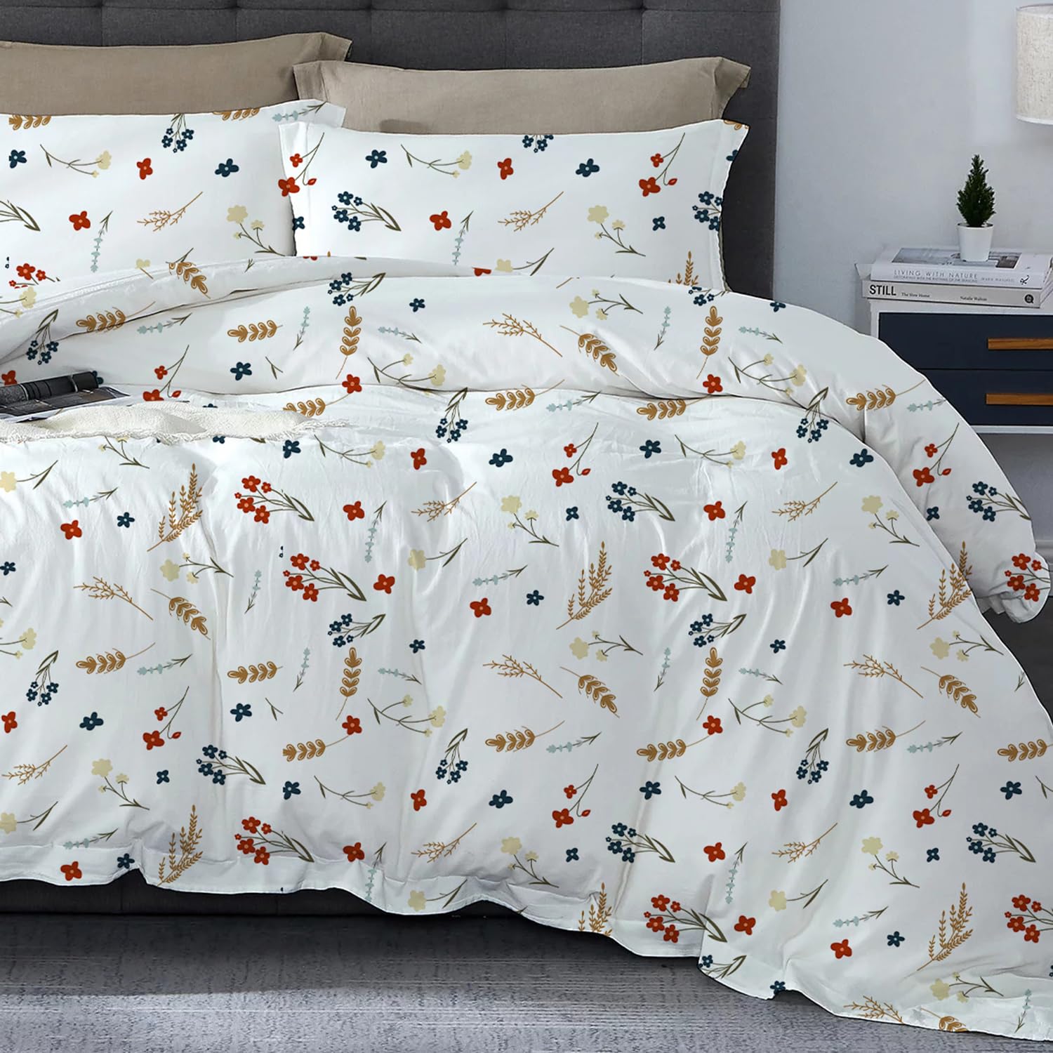 SLEEP-NEST Luxury Flower Print Duvet Cover Set Oversized King 132x120 Inch 3 Piece 100% Cotton Floral Luxury Bedding Set with Zipper Closure