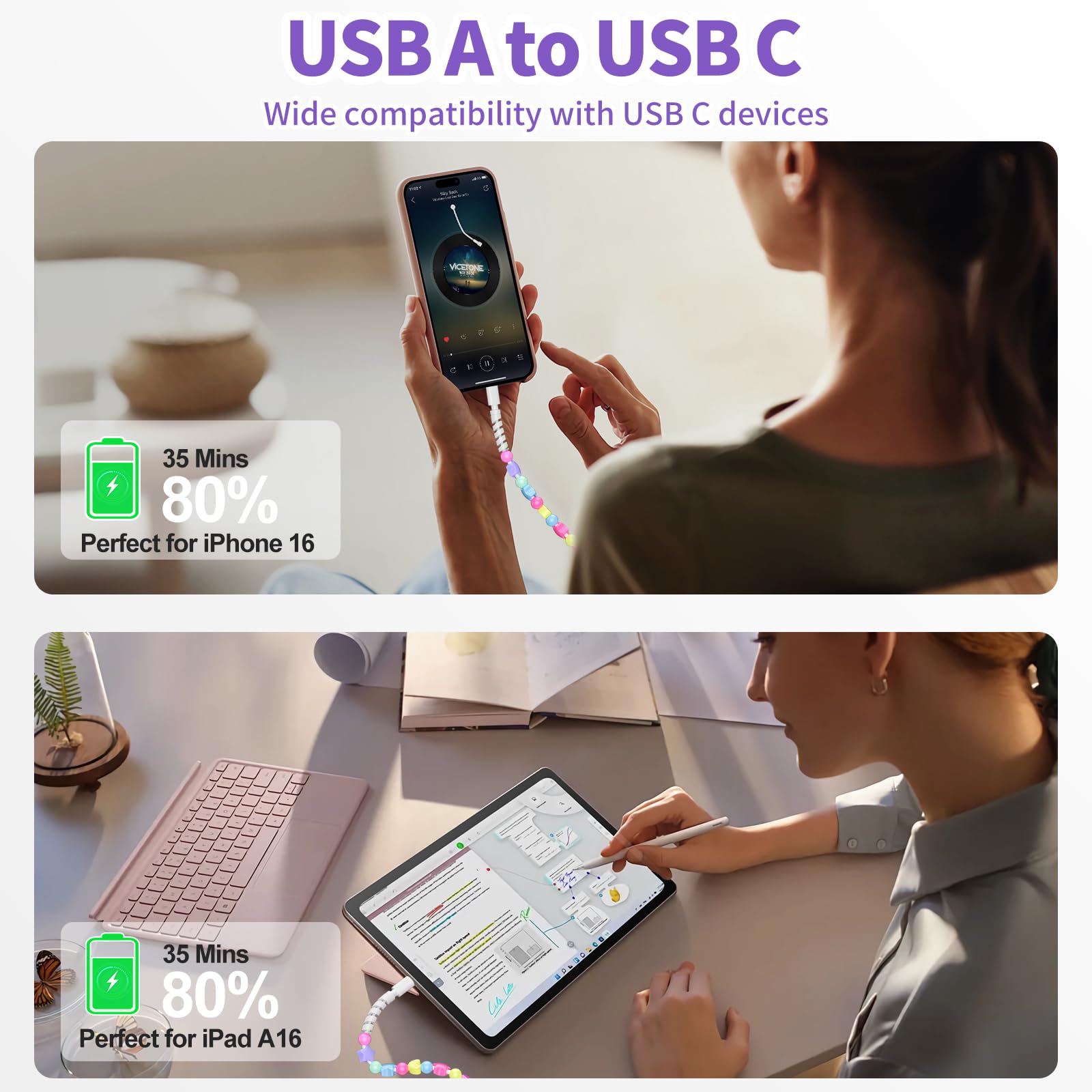 VOFUOE USB C Ladekabel für iPhone 17 Sternperlen Ladekabel Extra Lang USB A auf Typ C Schnellladung für Mädchen Frauen iPhone 16/15 Galaxy S25 für iPad A16