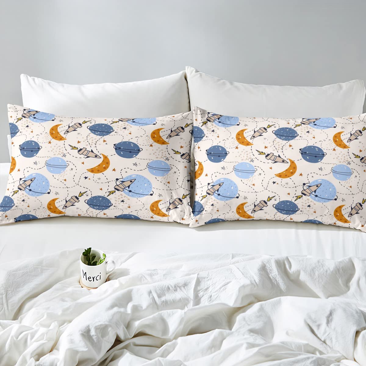 Loussiesd Juego de sábanas para niños y niñas, diseño de cohete de dibujos animados, galaxia, juego de cama para niños y niñas, bonito juego de cama de plantas de aventura en el espacio exterior