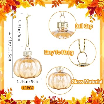 YiYa 12 Pcs Fall Pumpkin Ornaments Glass Pumpkin Hanging Ornaments for Tree Thanksgiving Tree Ornament Set for Autumn Thanksgiving Halloween Xmas Home Decoration
