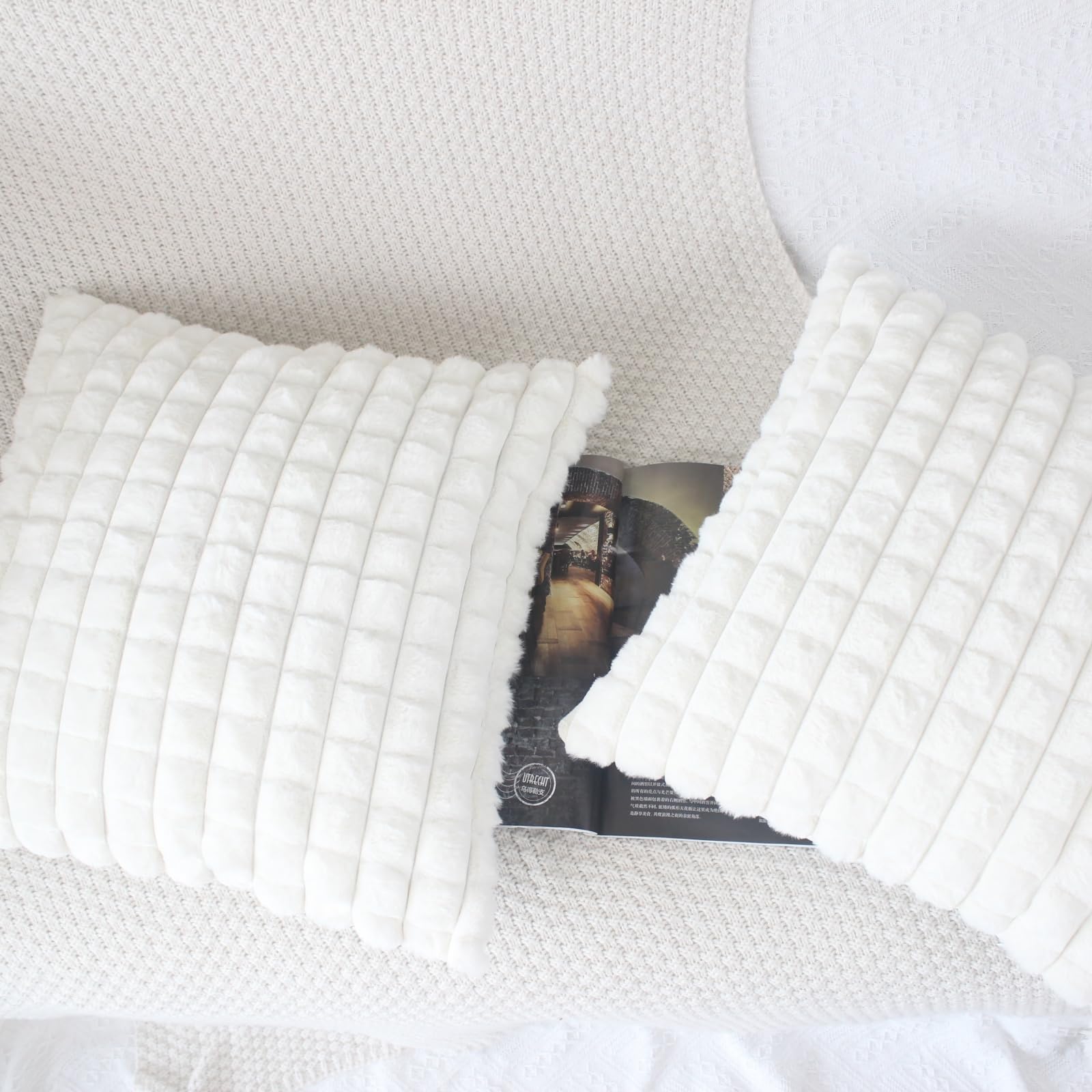 OYIMUA Fluffy Cream White Cushion Covers 45 x 45 Faux Fur Cushion Cover 18x18 inches Set of 2 Pillow Cases Soft Plush Sofa Cushions Living Room Modern Moroccan Covers - Image 4