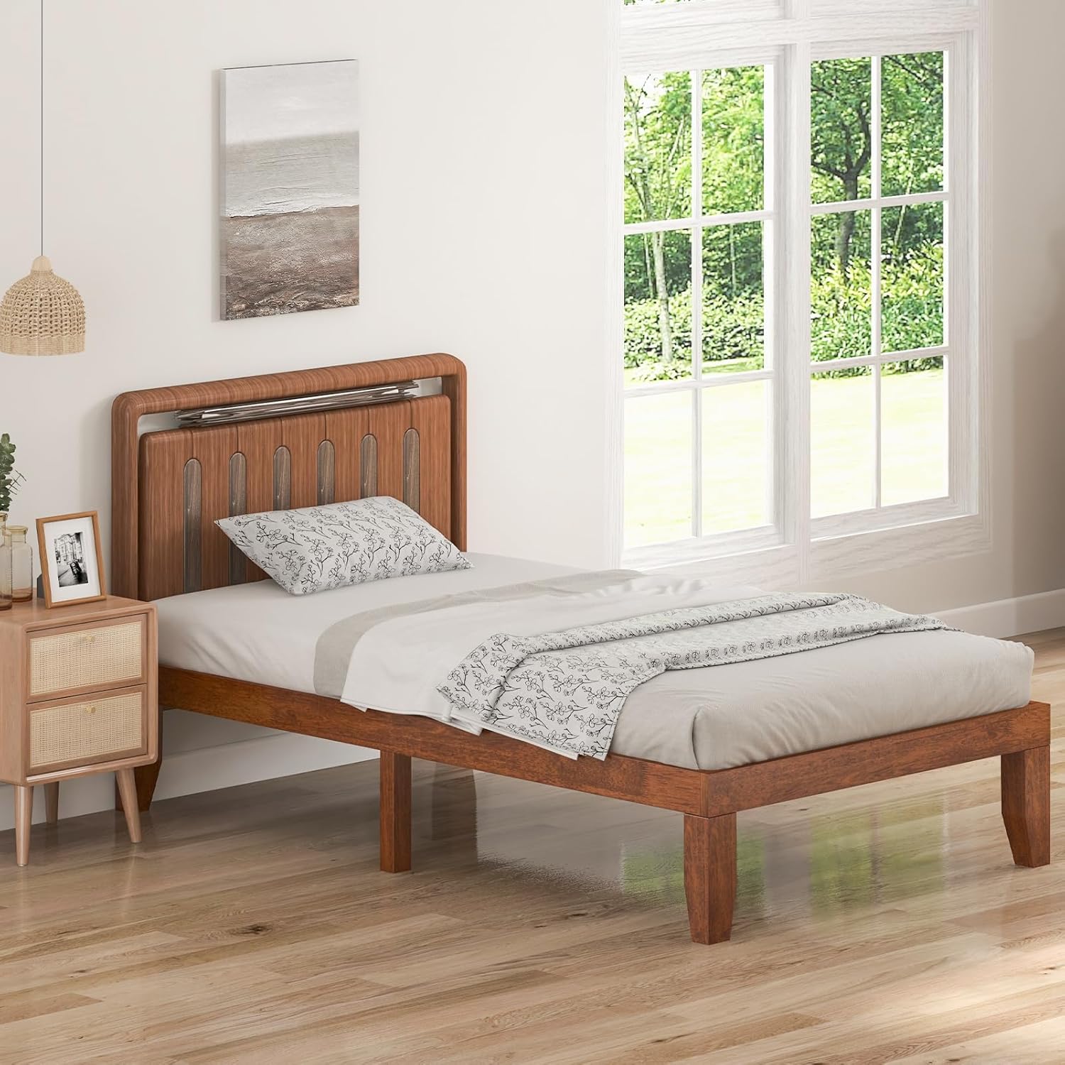 KOMFOTT 14 Inches Wood Platform Bed Frame Twin Size, Wooden Mattress Foundation with Rubber Wood Frame, Strong Wooden Slat Support, No Box Spring Needed, Bed Frame (Brown Cherry)