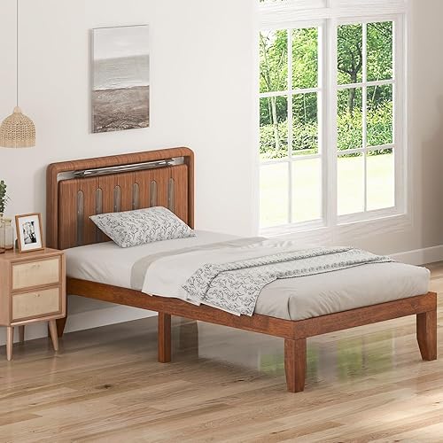 Miniatura 76 de KOMFOTT Base de cama de plataforma de madera de 14 pulgadas, tamaño individual, base de colchón de madera con marco de madera de goma, fuerte Marrón