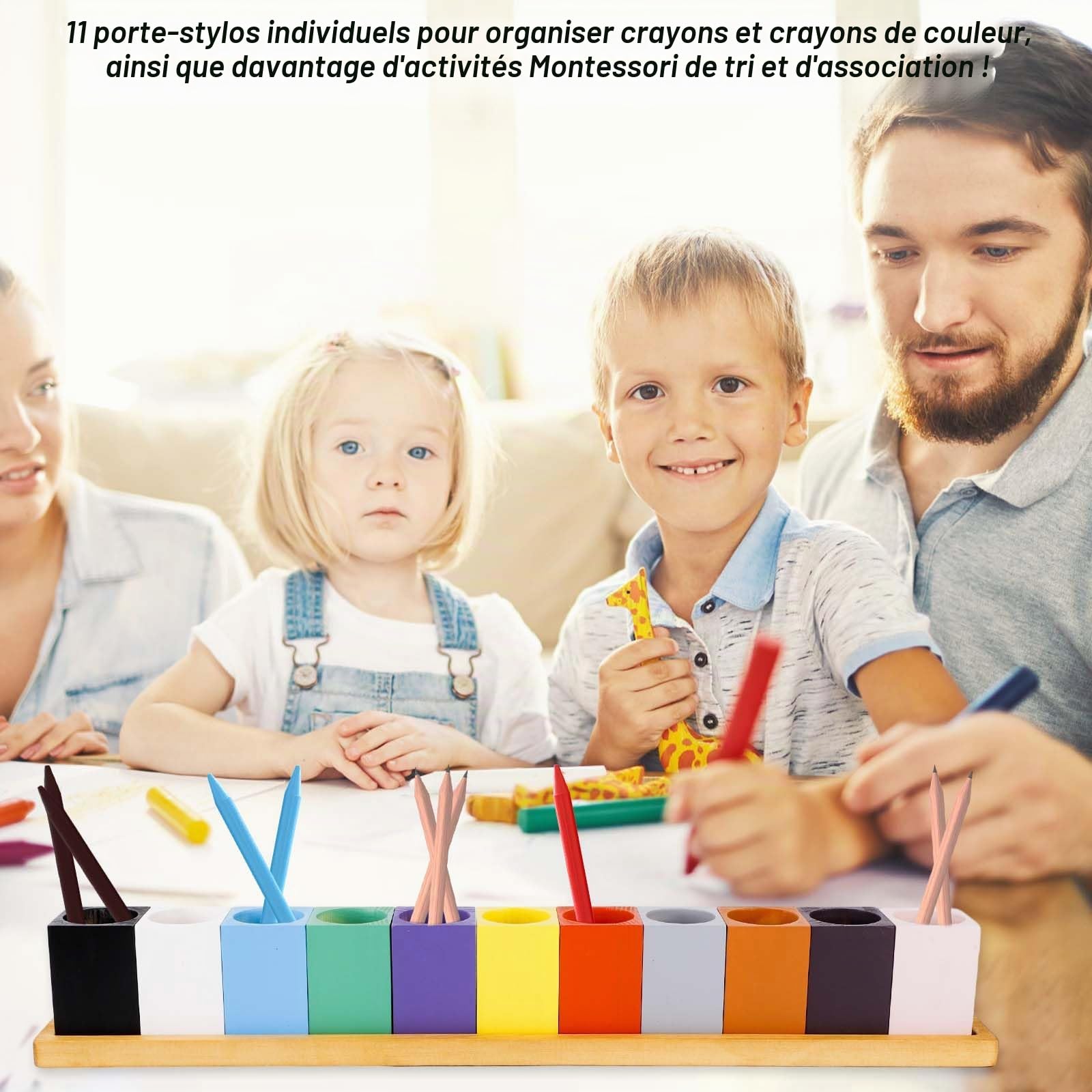 NQEUEPN Porte Crayon de Couleur en Bois, Porte Crayon Montessori Porte-stylo en Bois Montessori pour Salle de Classe 11 Tasses sur un Support, Crayons Non Inclus