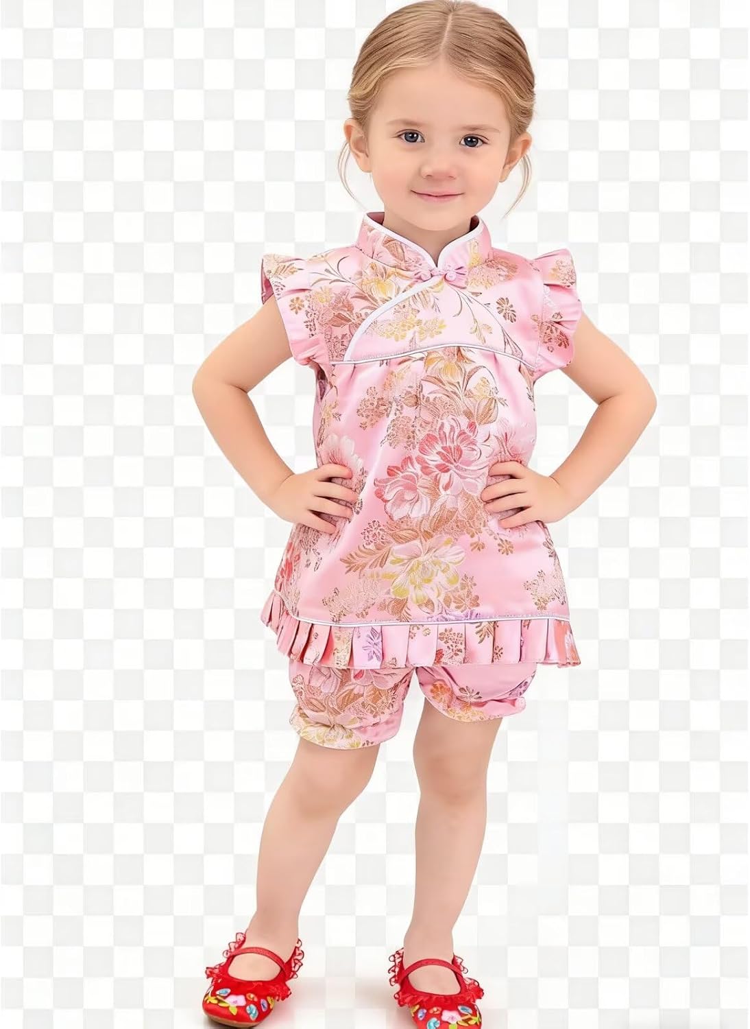 Little Girl Chinese Qipao Dress Suit Traditional Cheongsam Top + Pant Baby Girls New Year Costumes