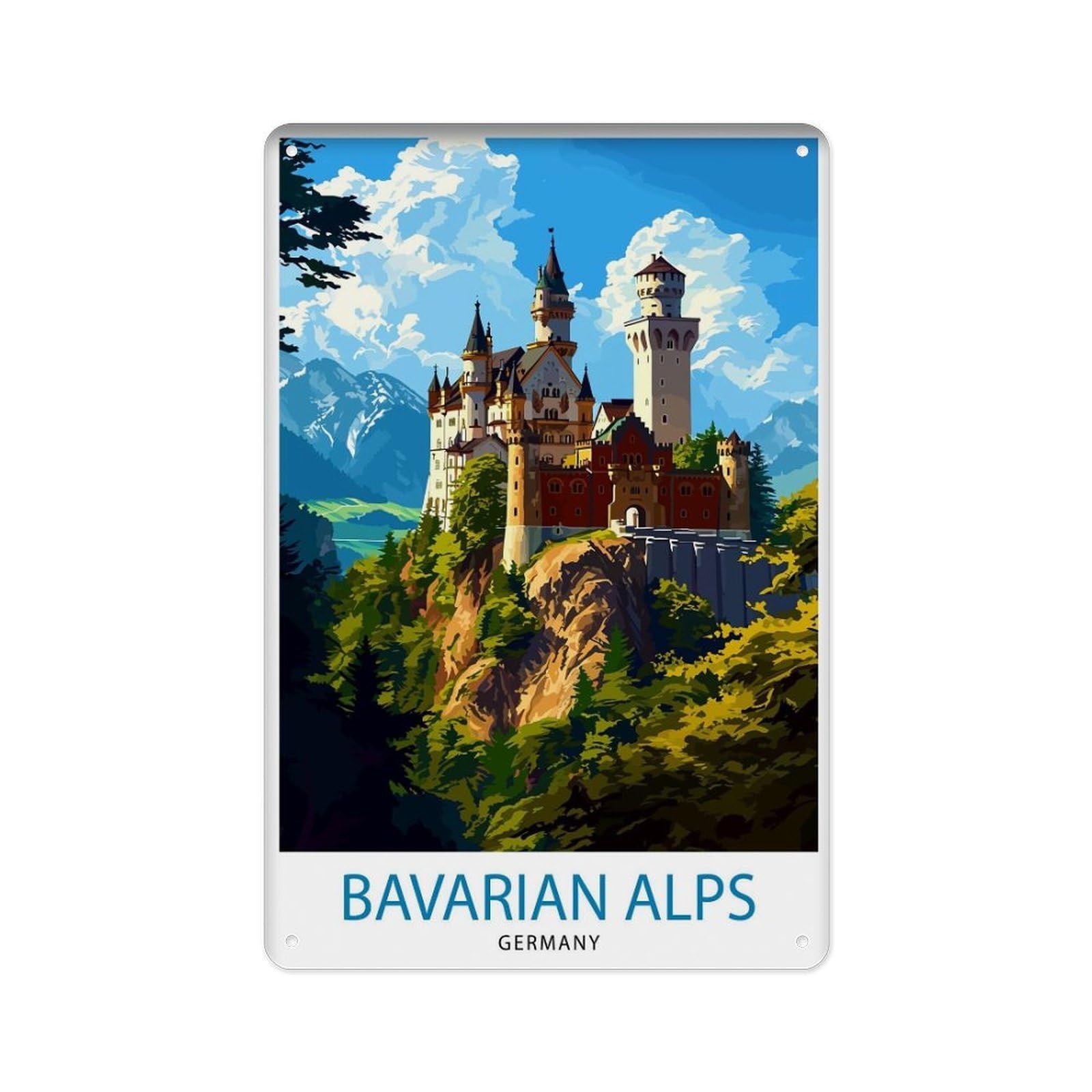 peiyeety Metal Tin Sign Bavarian Alps,any - Mountain Scenery, Art Alps Poster, Neuschwanstein Castle, Perspective, Decoration, Hiking Trail 8 X 12 Inch
