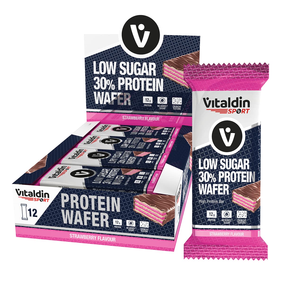 VITALDIN SPORT Low Sugar 30% Protein Wafer Fragola – 12 Barrette Proteiche x40 gr – Cioccolato Fondente – Lo Snack Perfetto Per I Tuoi Allenamenti - Merendine Ricche Di Proteine Vegane