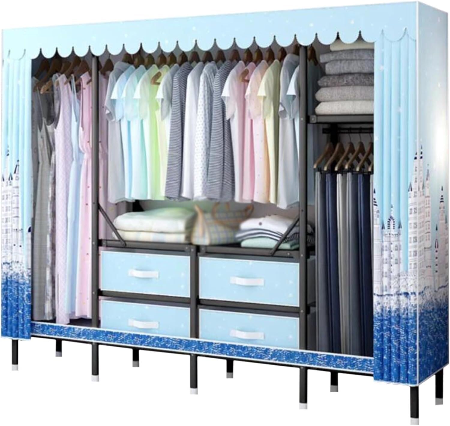 Grande Guardaroba in Lega di Ferro con cassetti portaoggetti e Asta Appendiabiti, Elegante Guardaroba Portatile(A)