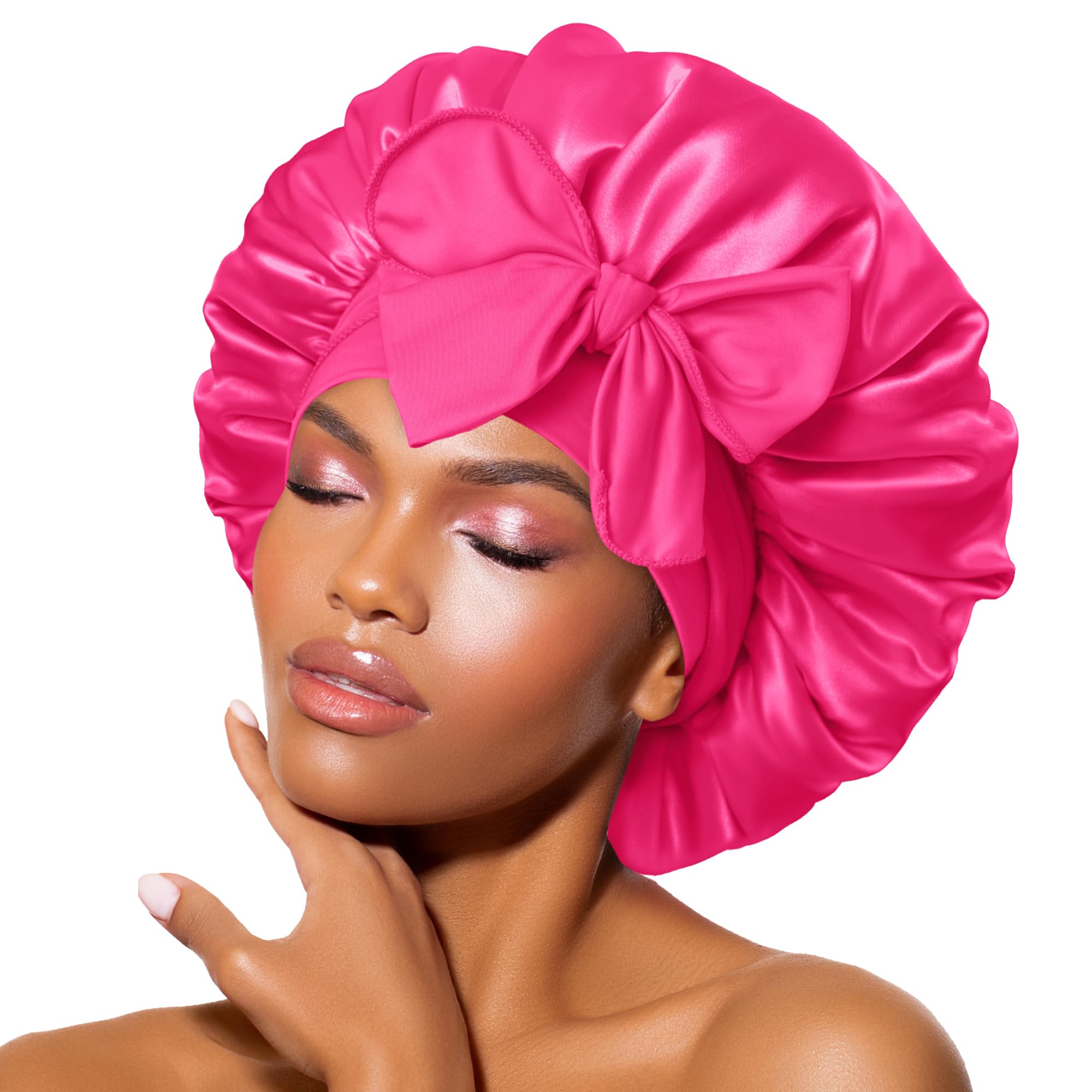 BONNET QUEENSilk Bonnet for Sleeping for Curly Hair, Satin Bonnet Hair Wrap for Women & Men, Adjustable Silk Scarf Night Cap with Tie Band, Hot PinkOEKO-TEX STANDARD 100