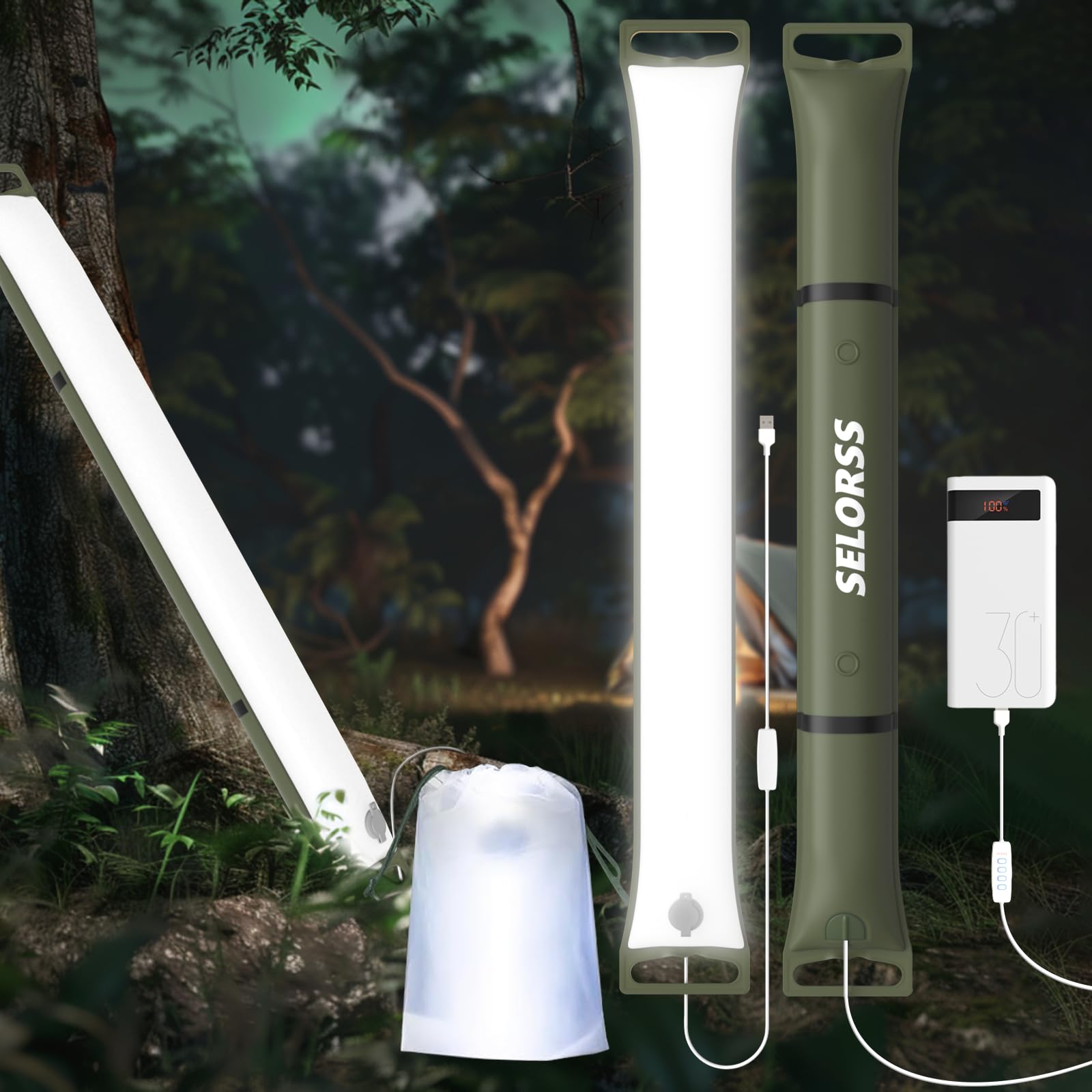 SELORSS Inflatable Camping Lights 33.86in/86cm Outask Telescopic Foldable Lamp, Portable Outdoor LED Light IP66 Waterproof with Bright USB Dimmable for Camping - Green
