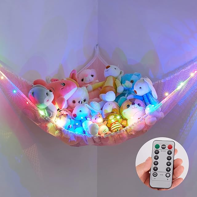 Beinou Toy Hammock Stuffed Animal Storage Large Corner Hanging Mesh Net Soft Cuddly Plush Organizer with LED Light Remote Control for Kids Bedroom Nursery