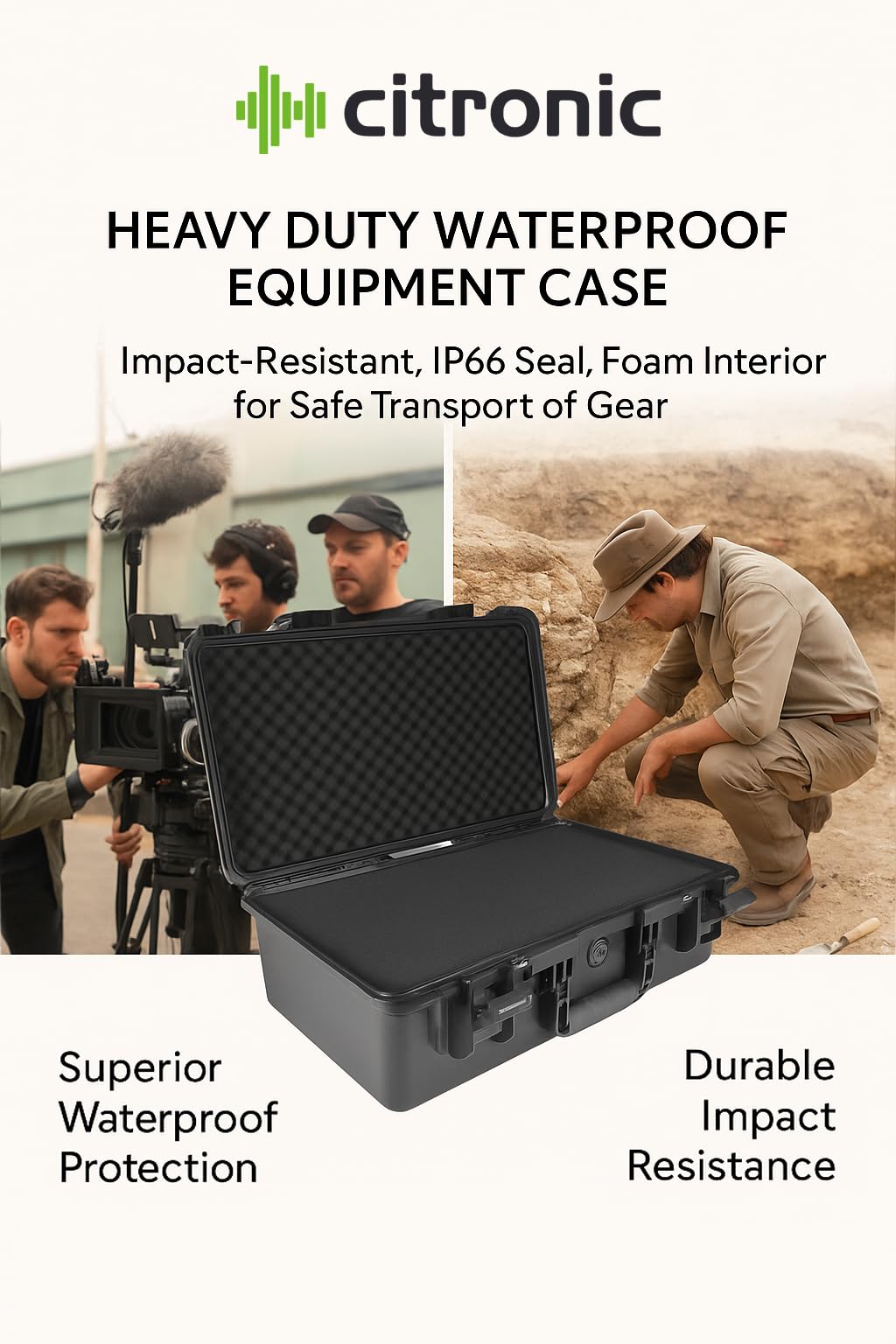 Citronic Caja de equipo resistente al agua, resistente a los impactos, clasificación IP66, interior de espuma, caja de almacenamiento resistente para herramientas, dimensiones internas (ancho x alto x