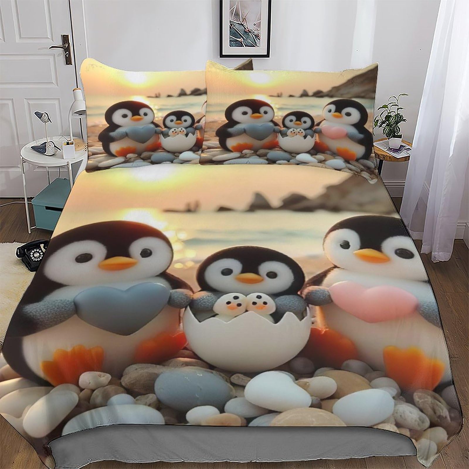 Llxxhh Boys Cute Penguin-4 Cute Penguin Bedding Duvet Cover 2 Pcs Set For Kids Bedroom Quilt Cover Soft Microfiber Comforter Cover With Pillowcase Single(135X200cm)