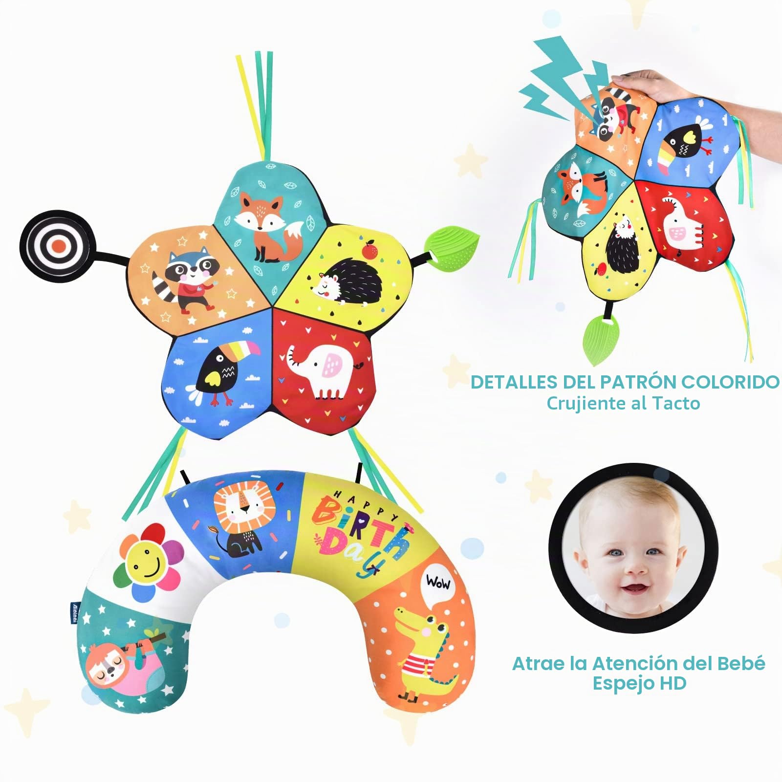 Aolso Cojín para Bebés,Almohada para bebés，Estera del Bebé en Blanco y Negro,Almohada de Bebe con Espejo,Juguetes para recién Nacidos de Alto Contraste，Juguetes de Bebés con Papel Crepé