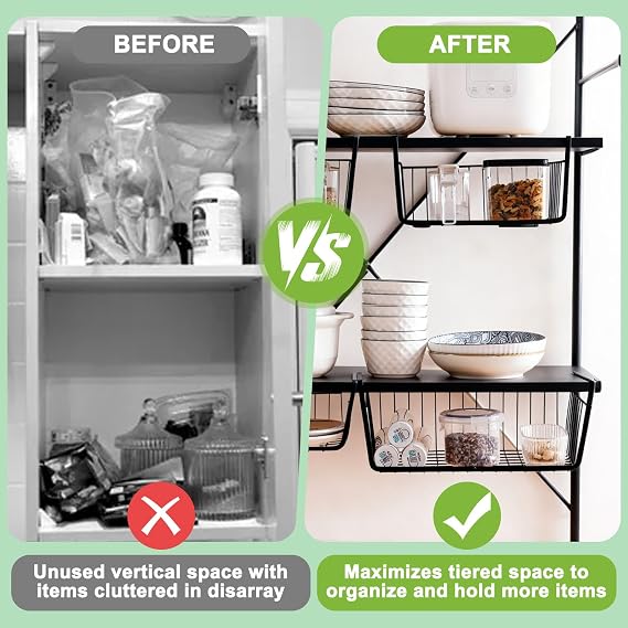 2Pcs Under Shelf Storage Basket, Stackable Design Metal Wire Pantry Storage Baskets, Under Desk Closet Shelves Hanging Removable Organizers Basket for Kitchen Organiser, Cupboards, Cabinet, Bathroom